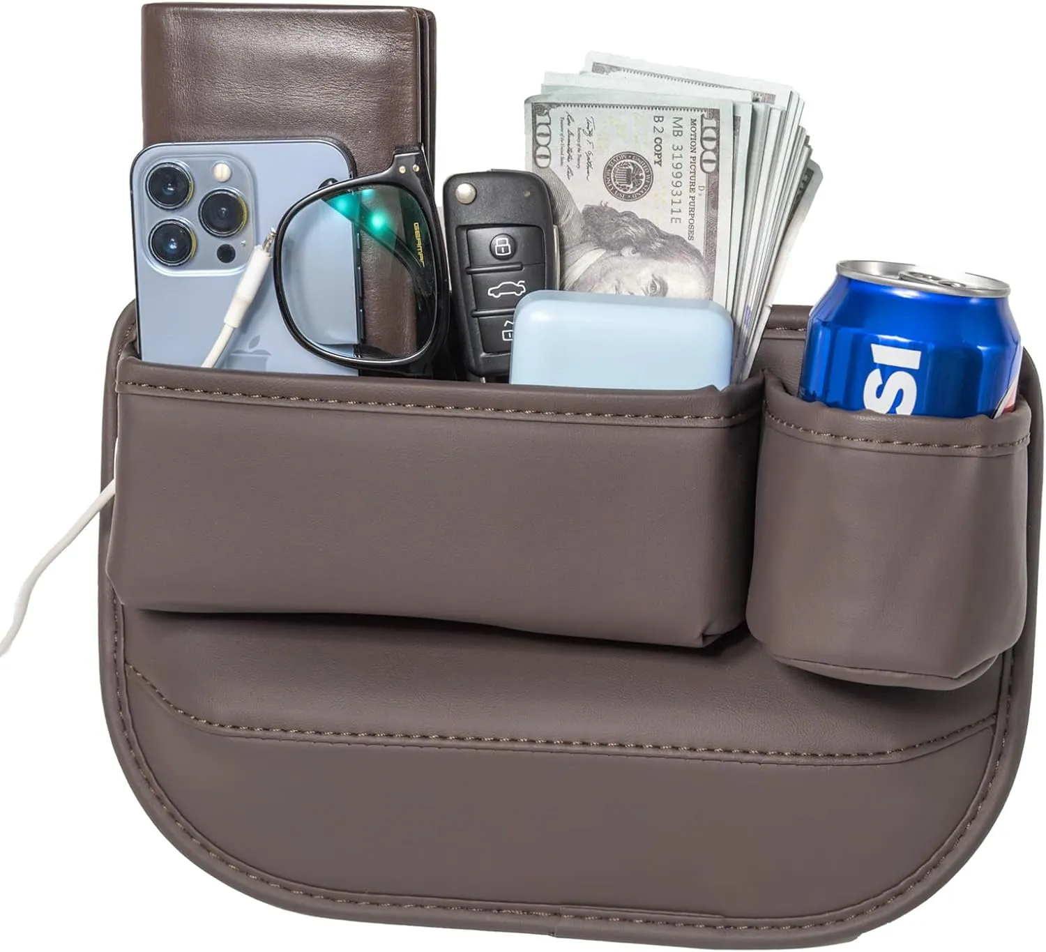 1 Pack Car Seat Gap Filler Organizer, Car Seat Organizer, Seat Gap Storage Box with Cup Holders for Drink, Car Leather Cup Holder Gap Bag Front Seat for Phone, Sunglasses,Keys(Right Side)