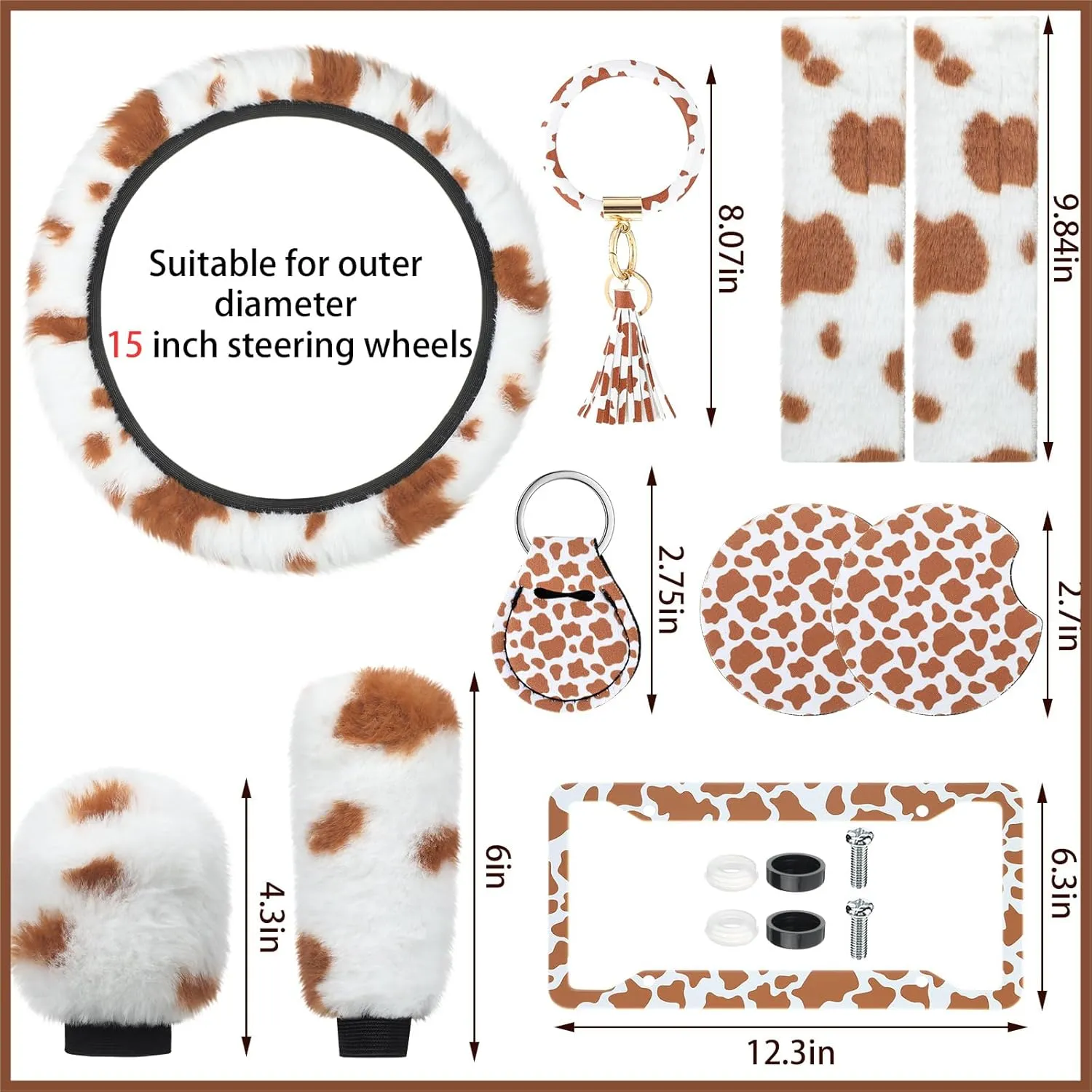 10 Pieces Cow Print Car Accessories Set Cow Fluffy Plush Steering Wheel Cover Shift Cover Handbrake Pad Cup Seat Belt Pad Bracelet Key Chain License Ornament for Women Car Interior (Brown)