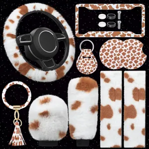 10 Pieces Cow Print Car Accessories Set Cow Fluffy Plush Steering Wheel Cover Shift Cover Handbrake Pad Cup Seat Belt Pad Bracelet Key Chain License Ornament for Women Car Interior (Brown)