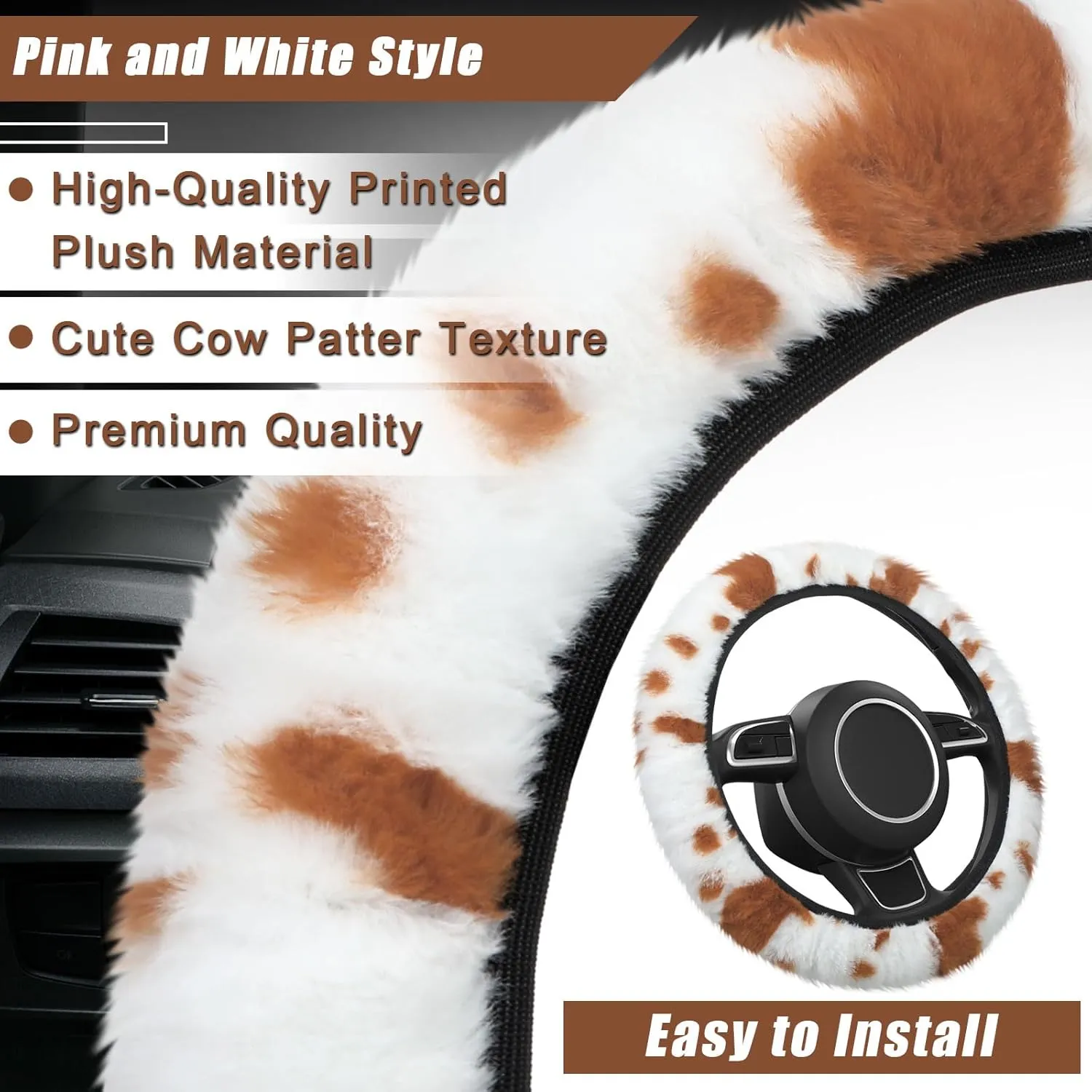 10 Pieces Cow Print Car Accessories Set Cow Fluffy Plush Steering Wheel Cover Shift Cover Handbrake Pad Cup Seat Belt Pad Bracelet Key Chain License Ornament for Women Car Interior (Brown)