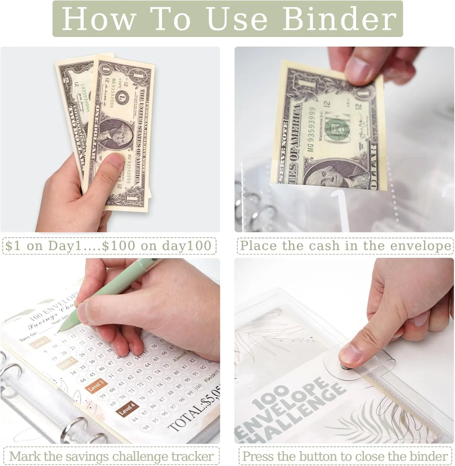 100 Envelopes Money Challenge Binder - Pre-numbered Pockets, Tracker, Savings Book for Easy Money Management, 100 Days Challenge