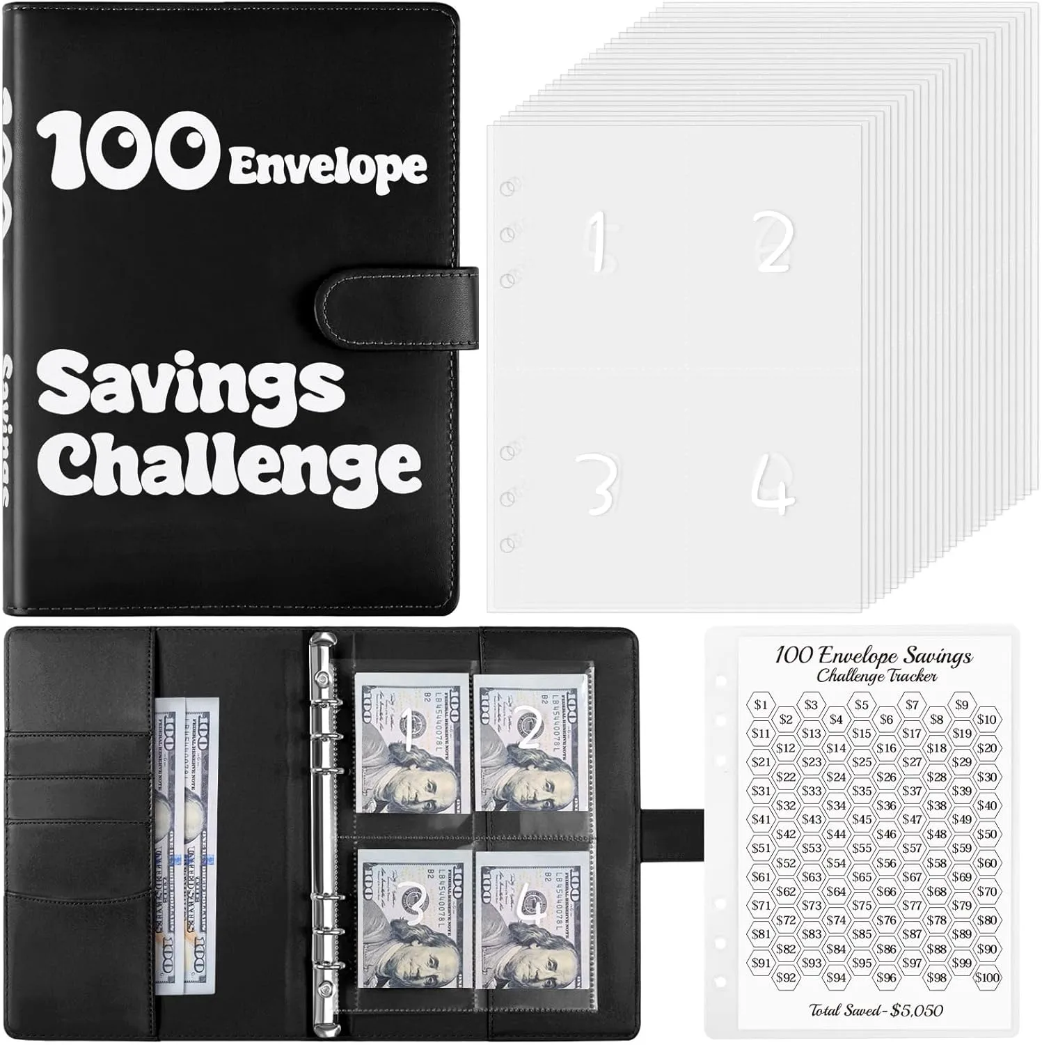 100 Envelopes Money Saving Challenge Binder, A5 Savings Challenges Book with Envelopes & Challenge Tracker, Money Saving Binder 100 Pocket Pre-numbered, Motivational Process to Save $5050,Black