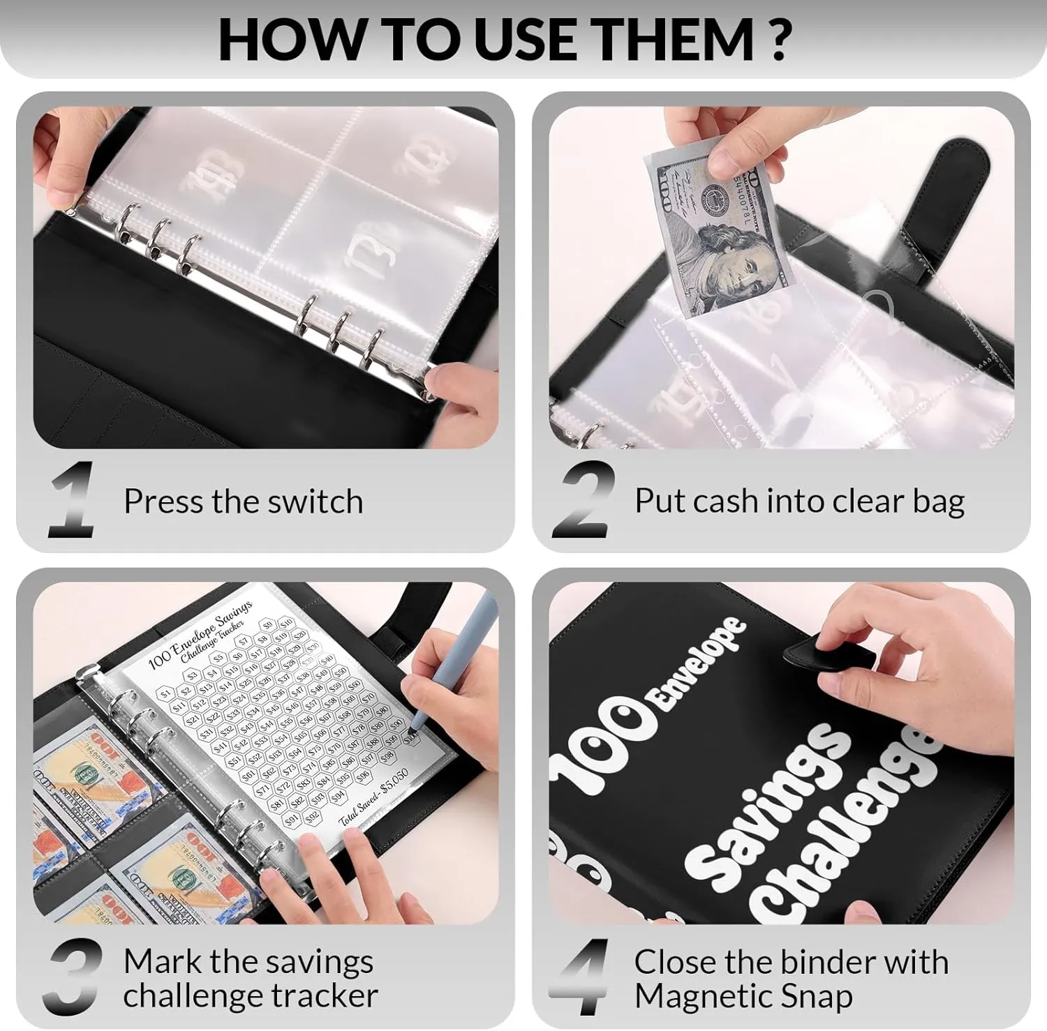 100 Envelopes Money Saving Challenge Binder, A5 Savings Challenges Book with Envelopes & Challenge Tracker, Money Saving Binder 100 Pocket Pre-numbered, Motivational Process to Save $5050,Black