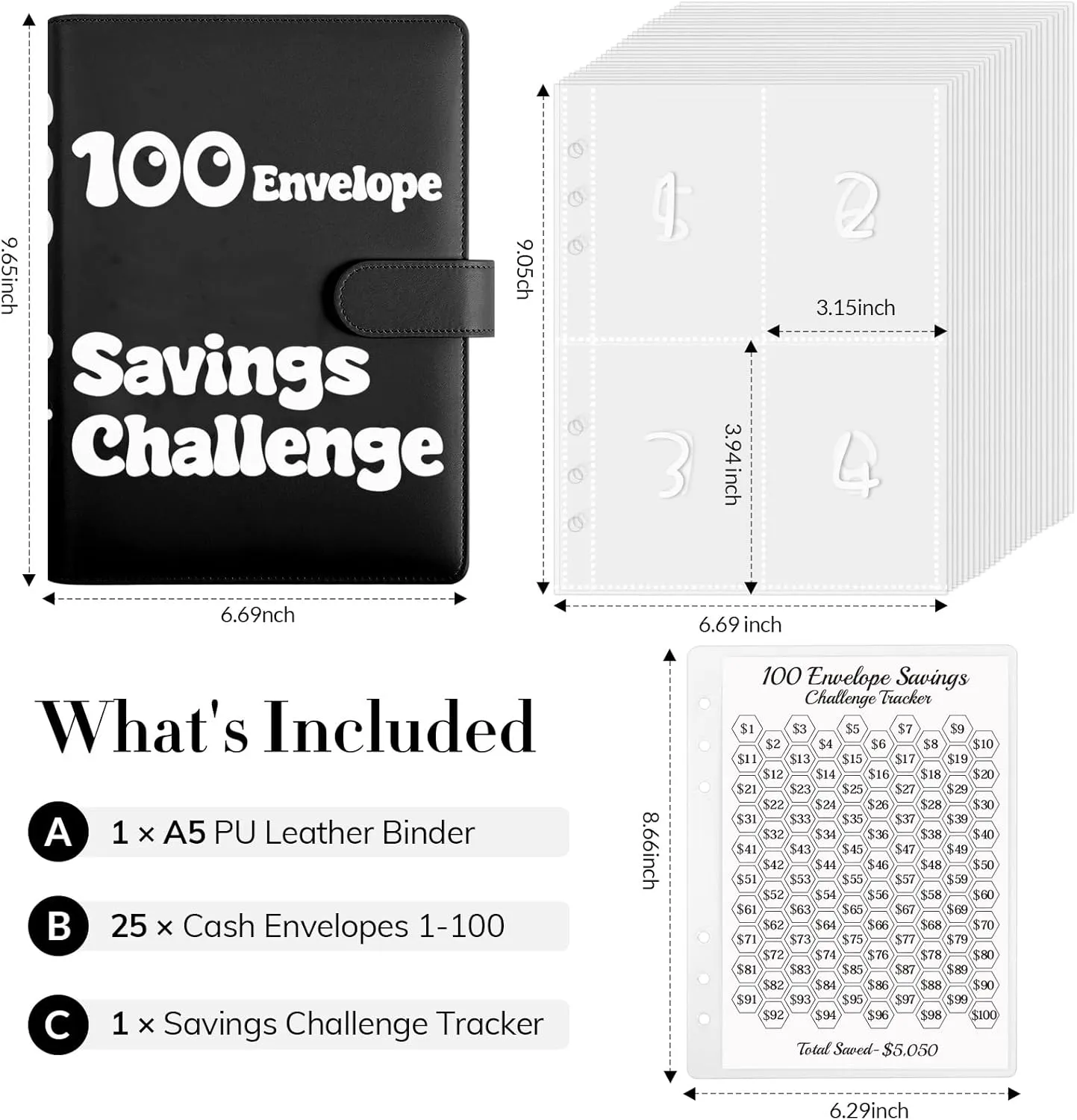 100 Envelopes Money Saving Challenge Binder, A5 Savings Challenges Book with Envelopes & Challenge Tracker, Money Saving Binder 100 Pocket Pre-numbered, Motivational Process to Save $5050,Black