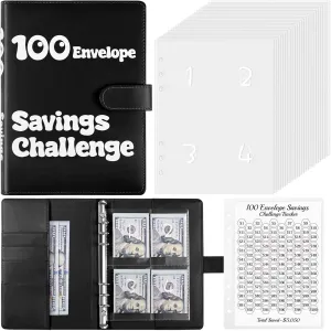 100 Envelopes Money Saving Challenge Binder, A5 Savings Challenges Book with Envelopes & Challenge Tracker, Money Saving Binder 100 Pocket Pre-numbered, Motivational Process to Save $5050,Black