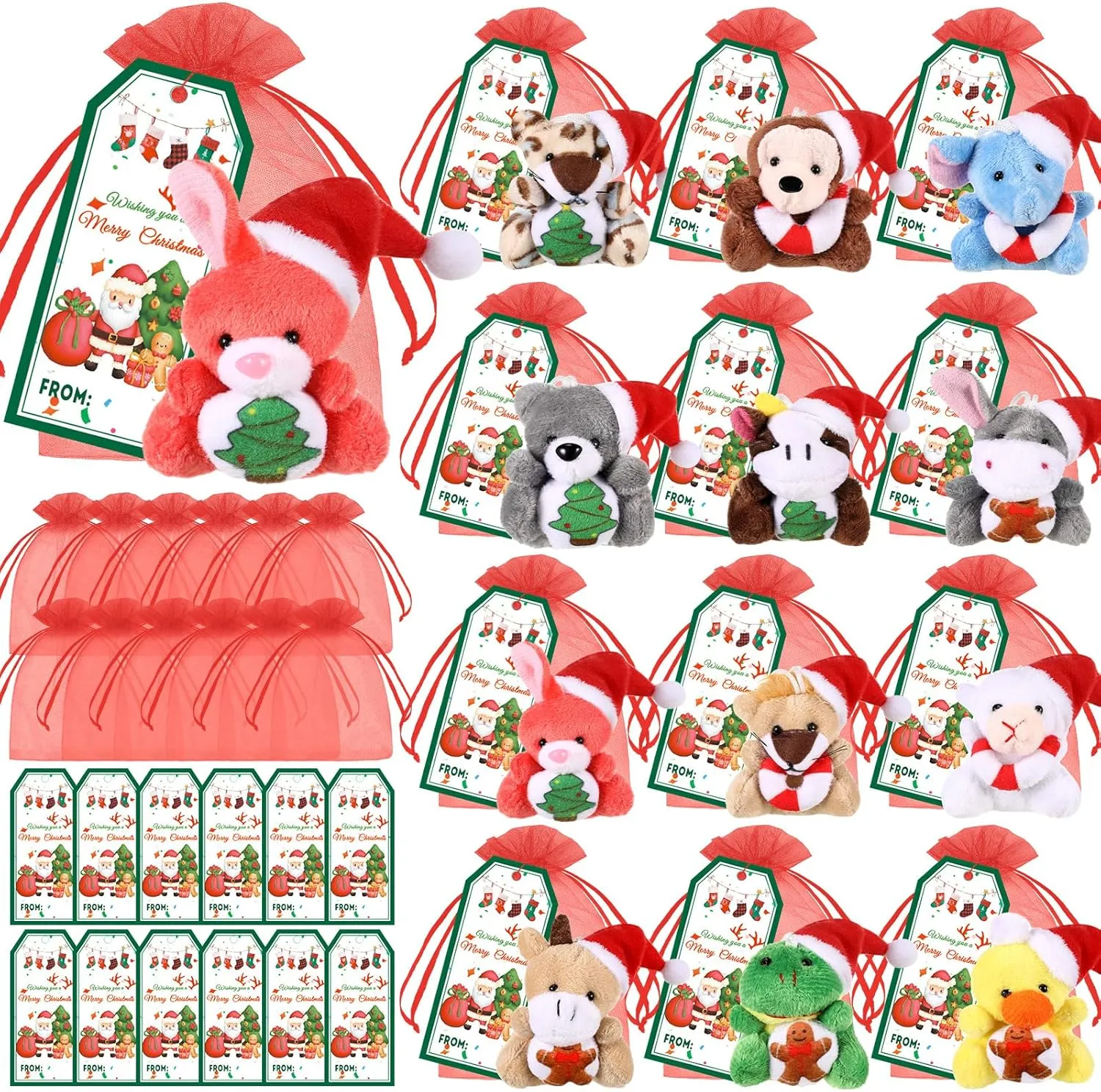 12 Set Christmas Classroom Gifts Set Christmas Mini Stuffed Animals Toys with Xmas Cards and Organza Bags for Students Party Favors Goodie Bag Filler Classroom Exchange Gift