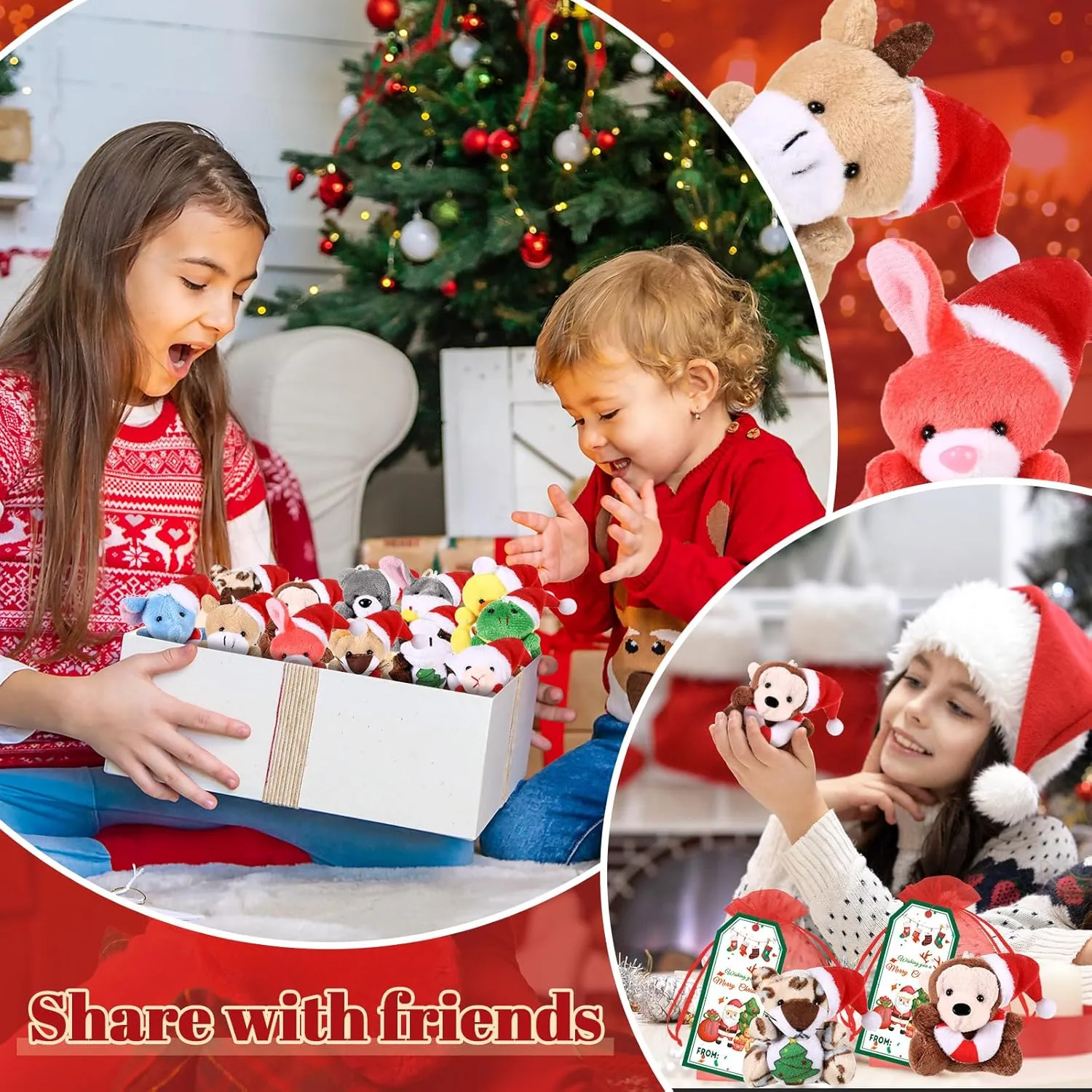12 Set Christmas Classroom Gifts Set Christmas Mini Stuffed Animals Toys with Xmas Cards and Organza Bags for Students Party Favors Goodie Bag Filler Classroom Exchange Gift