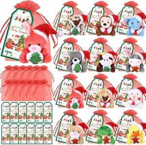 12 Set Christmas Classroom Gifts Set Christmas Mini Stuffed Animals Toys with Xmas Cards and Organza Bags for Students Party Favors Goodie Bag Filler Classroom Exchange Gift