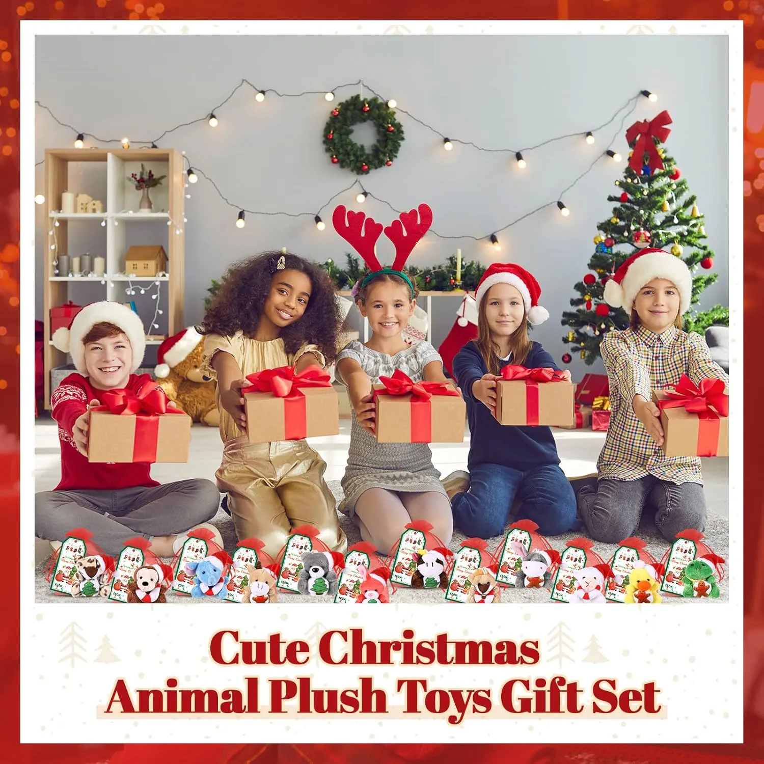 12 Set Christmas Classroom Gifts Set Christmas Mini Stuffed Animals Toys with Xmas Cards and Organza Bags for Students Party Favors Goodie Bag Filler Classroom Exchange Gift