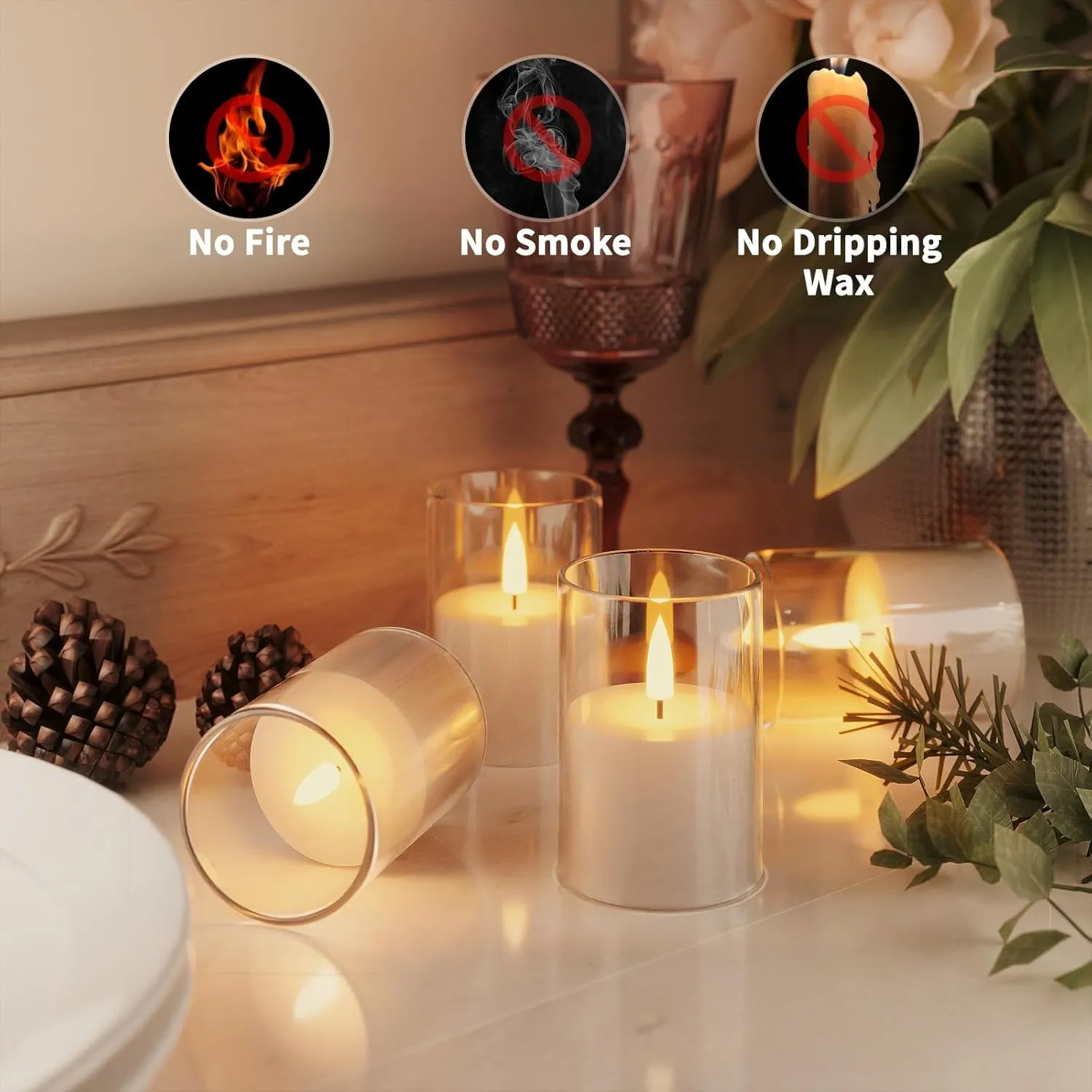 12Pack Flickering Flameless LED Candles with Timer, Battery Powered - Small Pillar & Votive, Clear (2"X3")