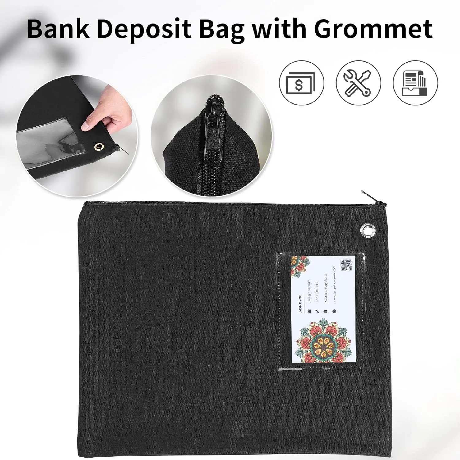 14×11Inch Large Black Bag with Zipper Black Bank Deposit Bag with Grommet Interoffice Mailer Canvas Transit Sack for Documents Money Passport (black)