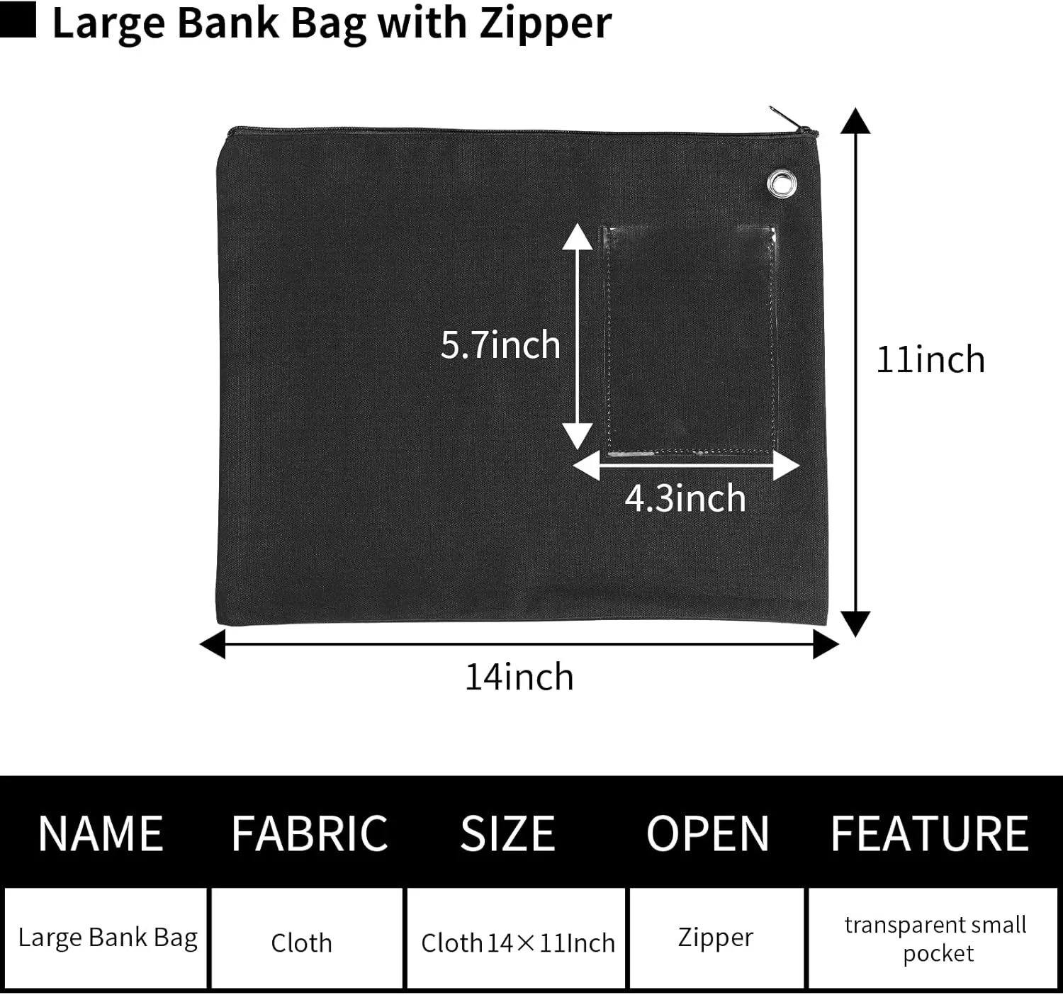 14×11Inch Large Black Bag with Zipper Black Bank Deposit Bag with Grommet Interoffice Mailer Canvas Transit Sack for Documents Money Passport (black)