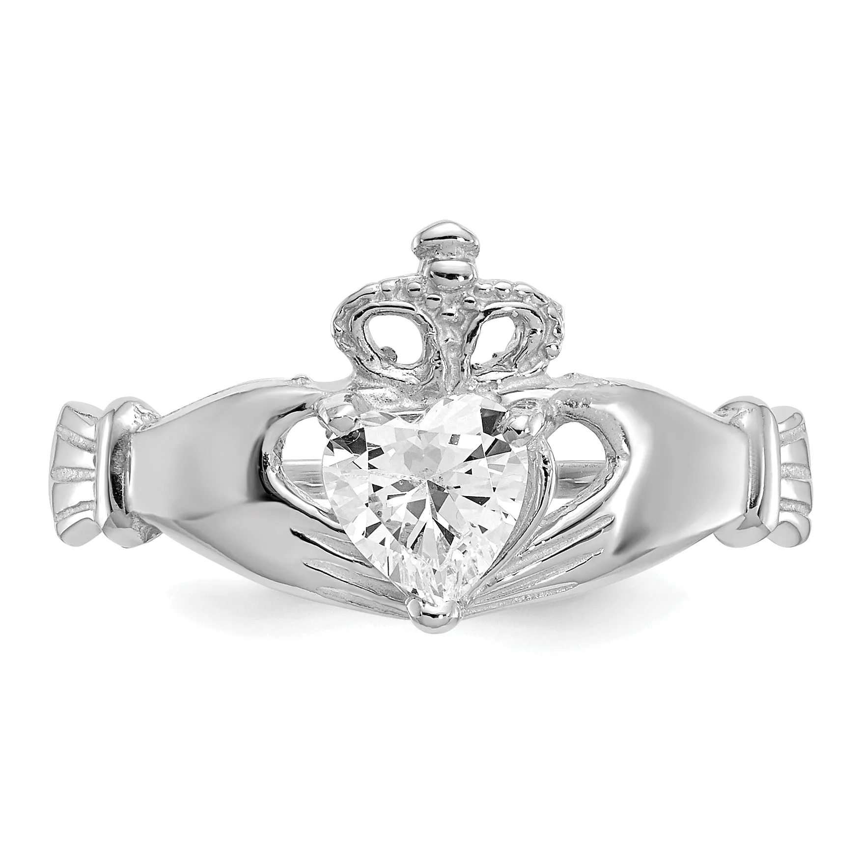14k White Gold April Clear CZ Heart Claddagh Ring
