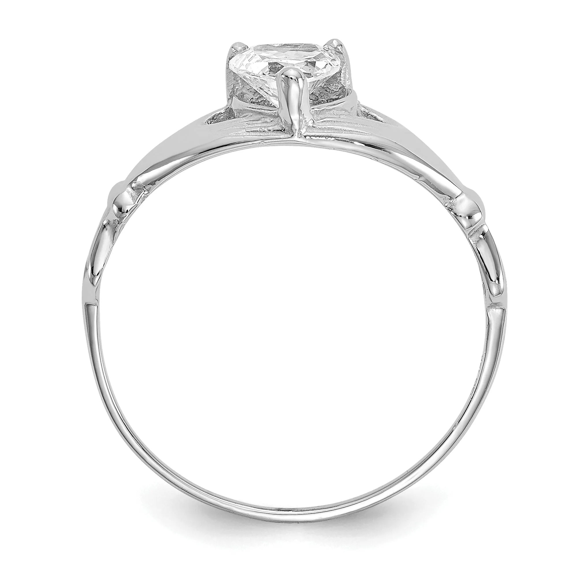 14k White Gold April Clear CZ Heart Claddagh Ring