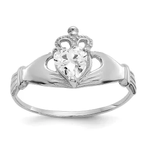 14k White Gold April Clear CZ Heart Claddagh Ring