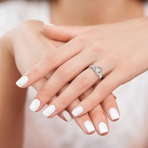 14k White Gold April Clear CZ Heart Claddagh Ring