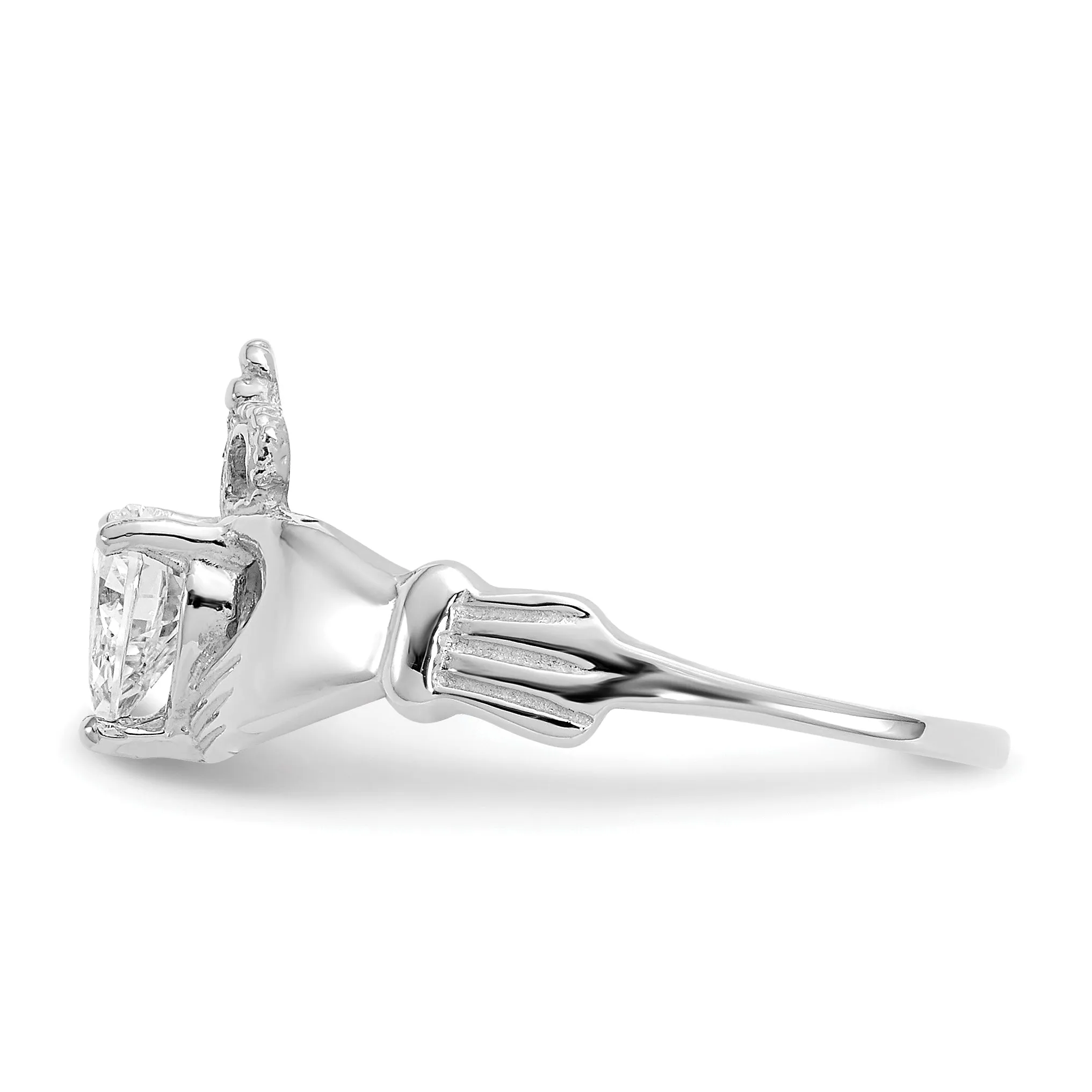 14k White Gold April Clear CZ Heart Claddagh Ring