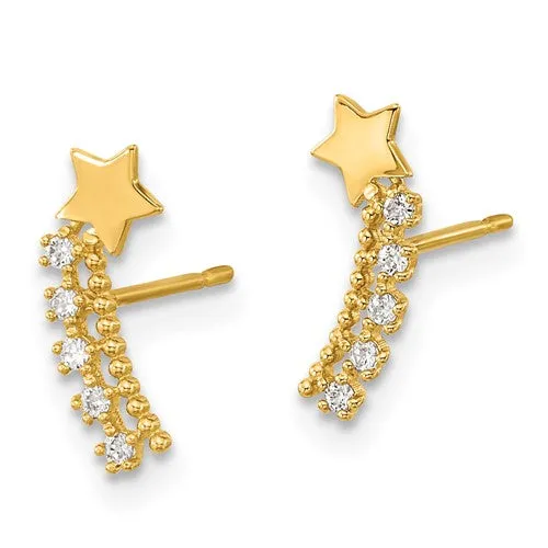 14k Yellow Gold Solid CZ Shooting Star Post Climber Earrings