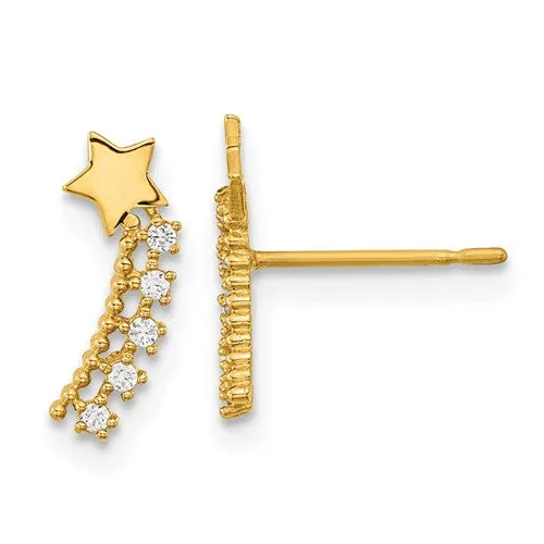 14k Yellow Gold Solid CZ Shooting Star Post Climber Earrings