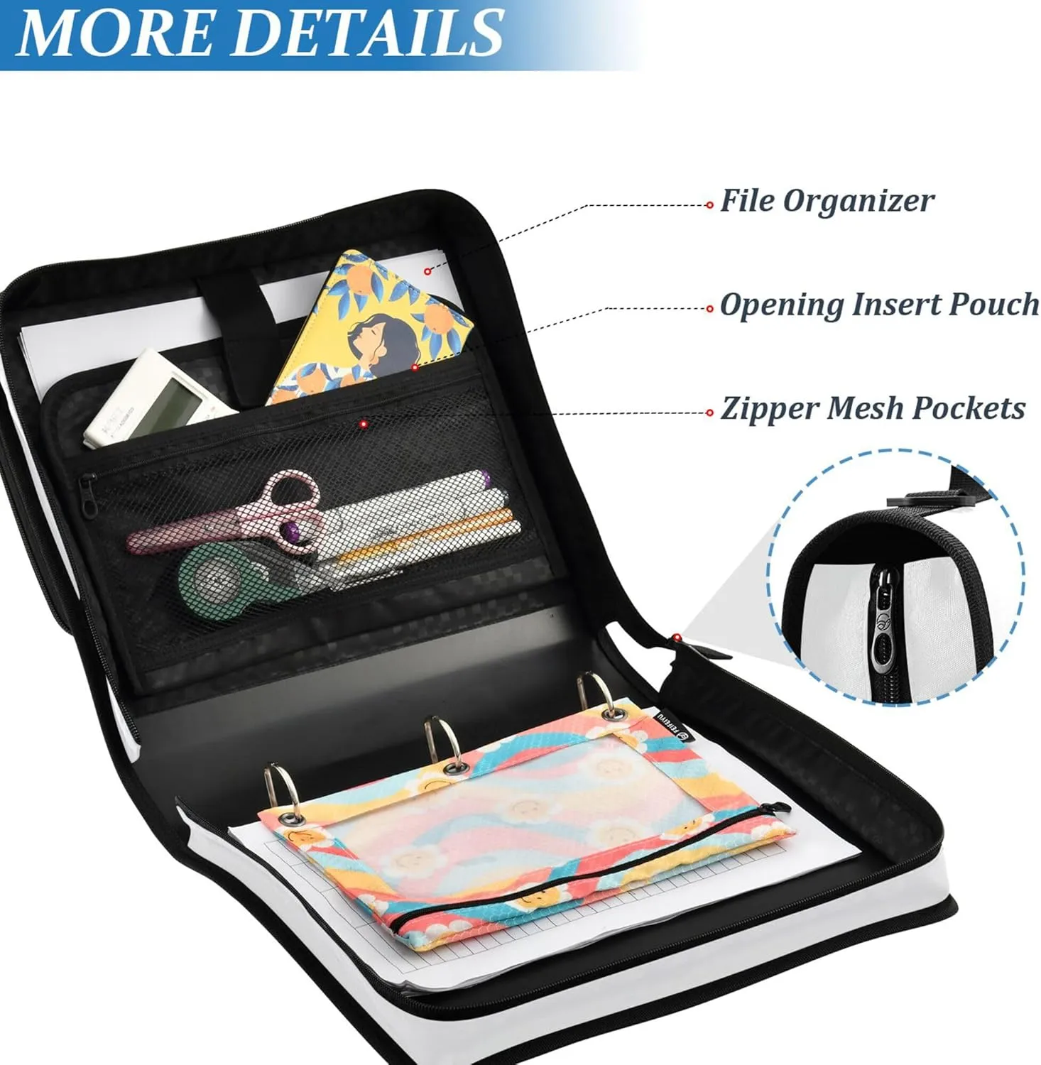 1.5 Inch 3 Rings Sturdy Zipper Binder with Handle and Removable Shoulder Strap Laege Capacity Document Organizer Bag for School Sweet Panda White