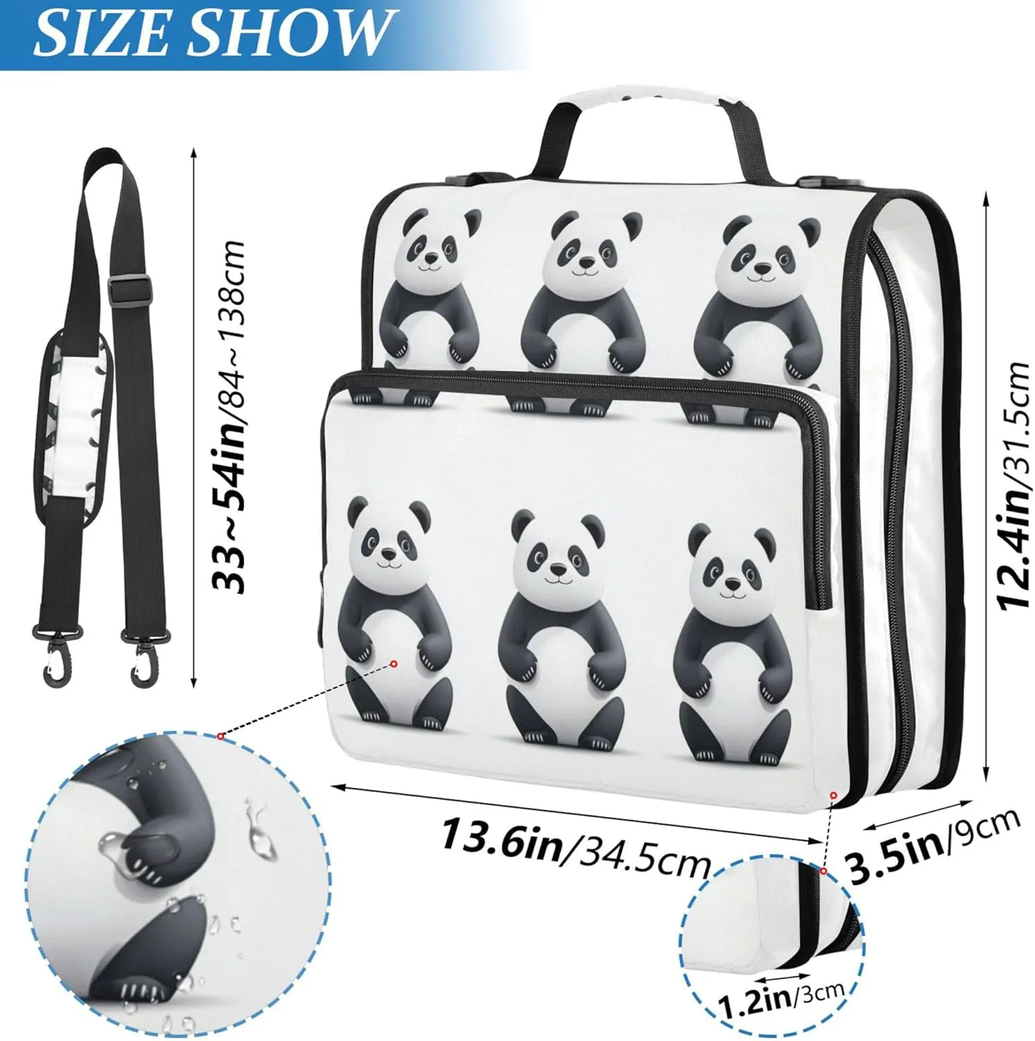1.5 Inch 3 Rings Sturdy Zipper Binder with Handle and Removable Shoulder Strap Laege Capacity Document Organizer Bag for School Sweet Panda White
