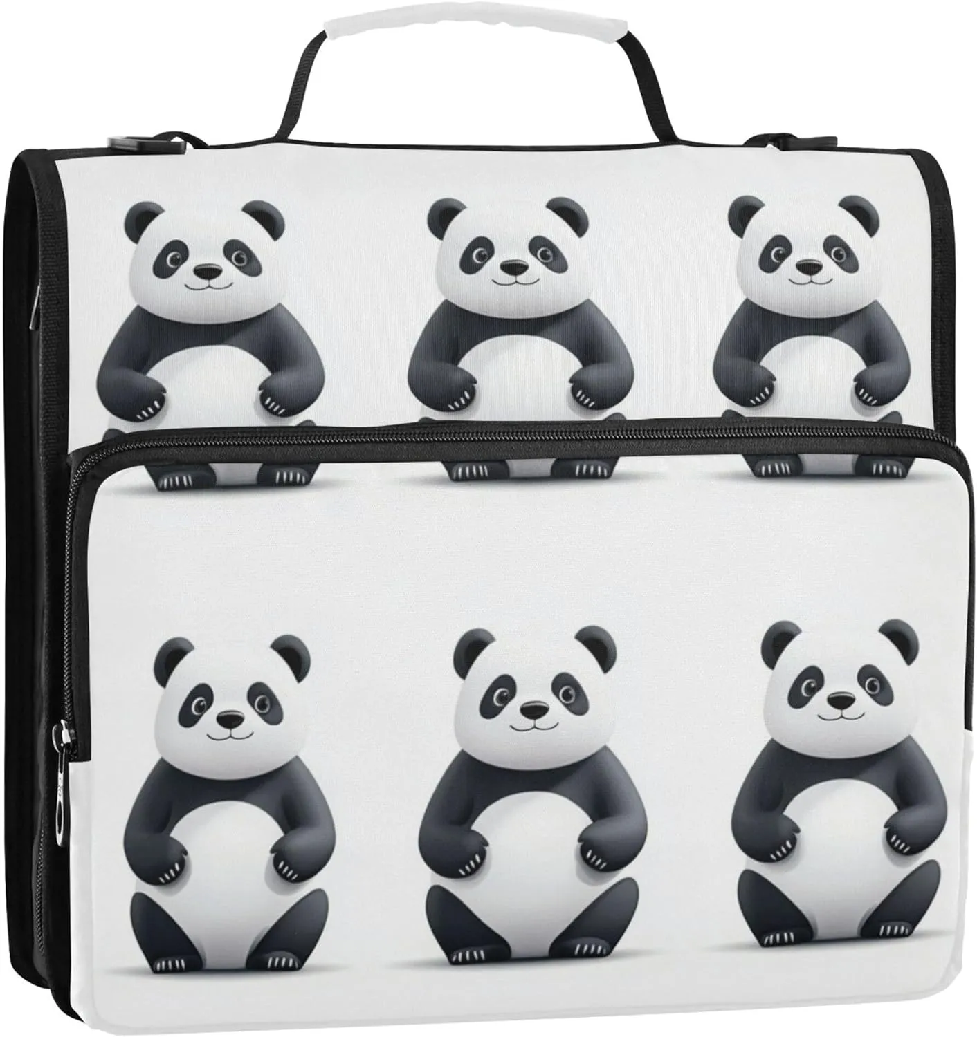 1.5 Inch 3 Rings Sturdy Zipper Binder with Handle and Removable Shoulder Strap Laege Capacity Document Organizer Bag for School Sweet Panda White