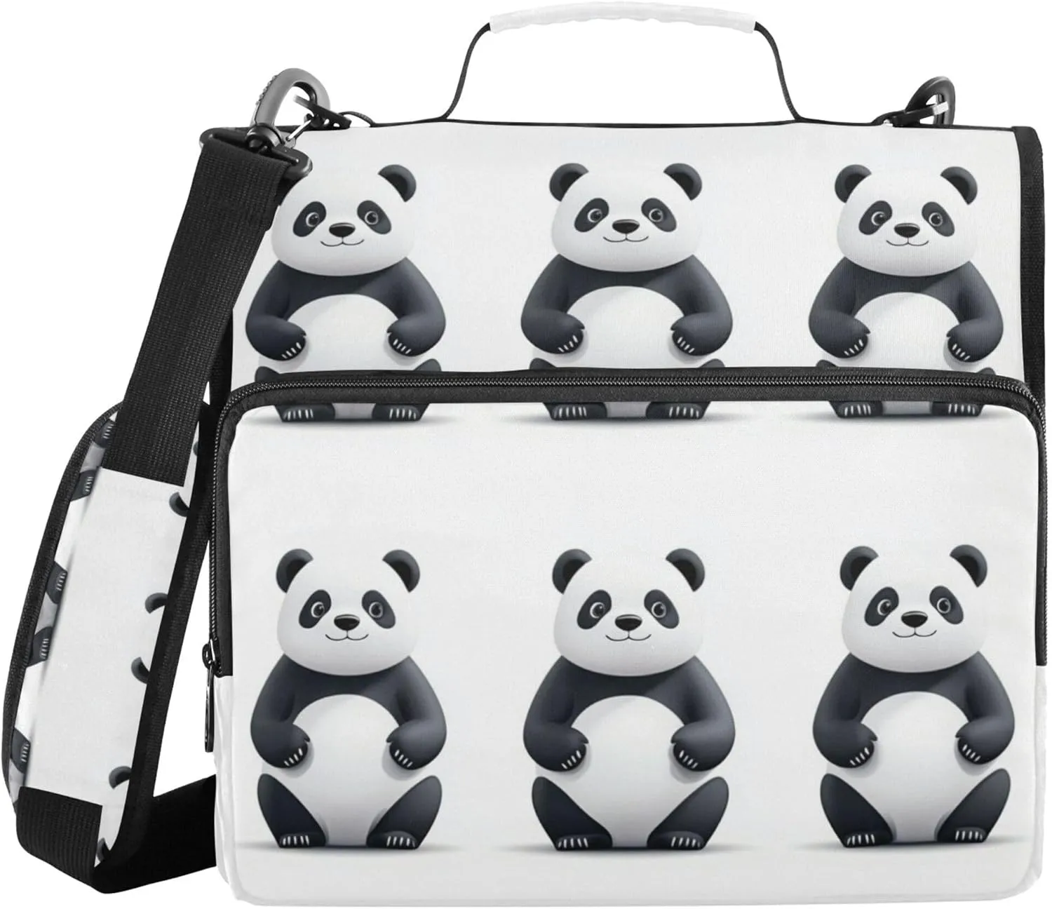 1.5 Inch 3 Rings Sturdy Zipper Binder with Handle and Removable Shoulder Strap Laege Capacity Document Organizer Bag for School Sweet Panda White