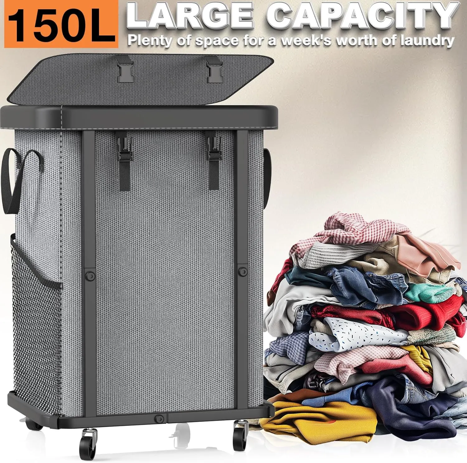 150L (40Gal) Large Fashion Laundry Basket with Wheels, Leather Patchwork Rolling Hamper Carts, Sturdy Metal Frame, Removable Washable Bag, Tall Clothes Sorter for Bedroom, Laundry Room, Dorm - Gray