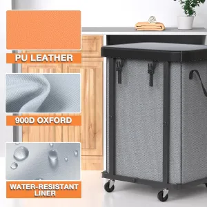 150L (40Gal) Large Fashion Laundry Basket with Wheels, Leather Patchwork Rolling Hamper Carts, Sturdy Metal Frame, Removable Washable Bag, Tall Clothes Sorter for Bedroom, Laundry Room, Dorm - Gray