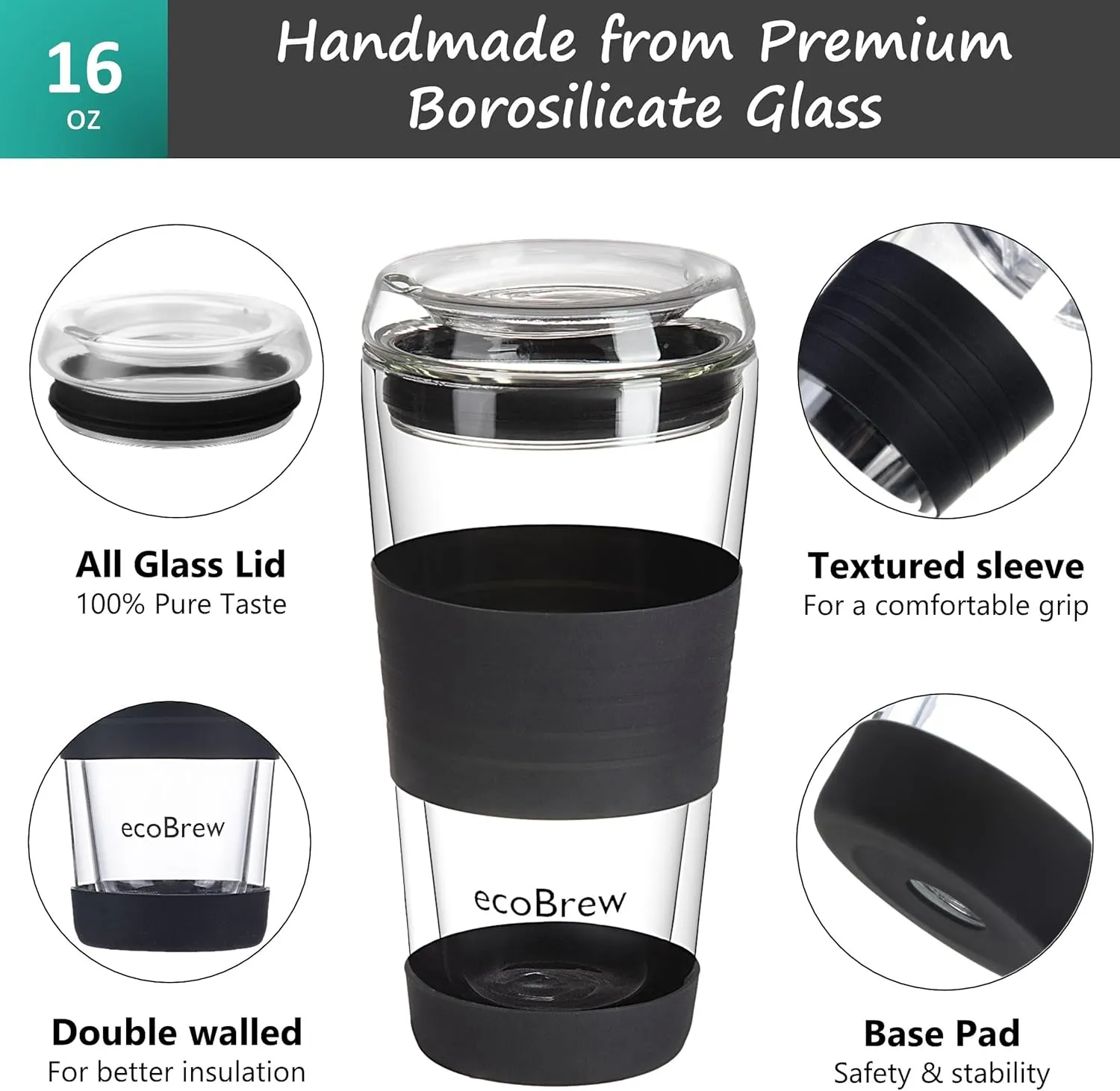 16oz Double Wall All Glass Tumbler with Lid, Glass Travel Mug, Dishwasher Safe & Microwavable Clear Coffee Tumbler To Go, Reusable Ceramic Cup with Lid, Black