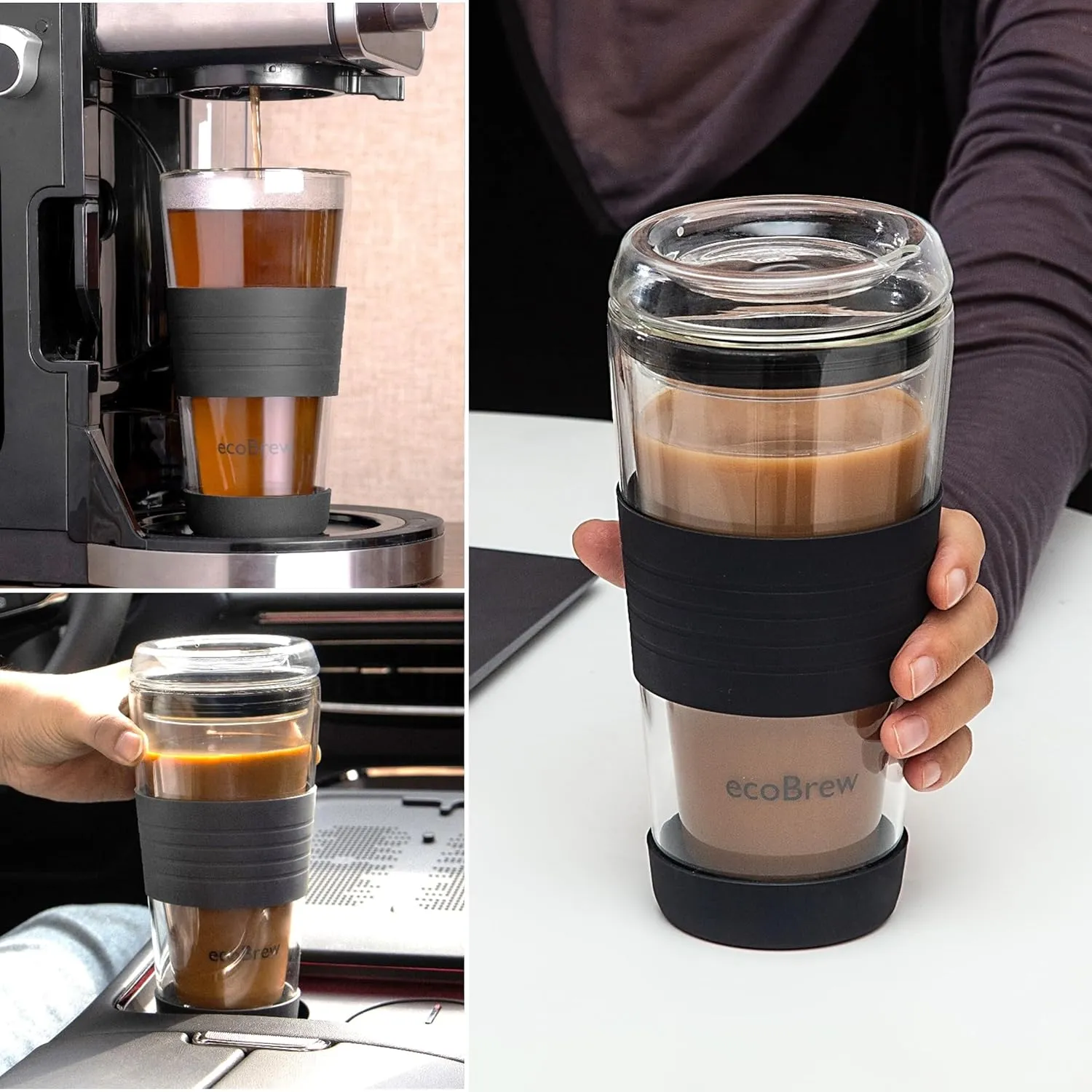 16oz Double Wall All Glass Tumbler with Lid, Glass Travel Mug, Dishwasher Safe & Microwavable Clear Coffee Tumbler To Go, Reusable Ceramic Cup with Lid, Black