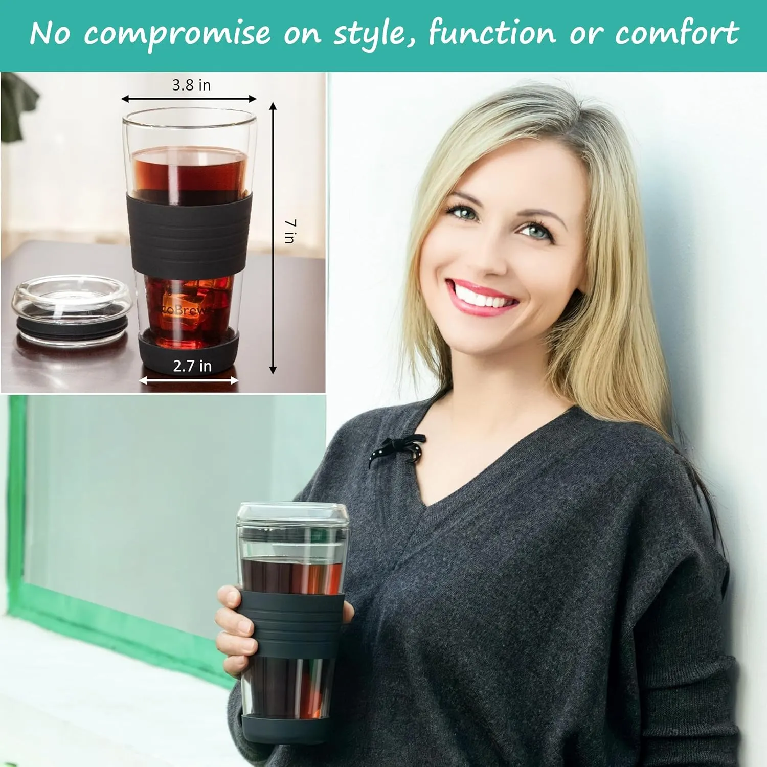 16oz Double Wall All Glass Tumbler with Lid, Glass Travel Mug, Dishwasher Safe & Microwavable Clear Coffee Tumbler To Go, Reusable Ceramic Cup with Lid, Black