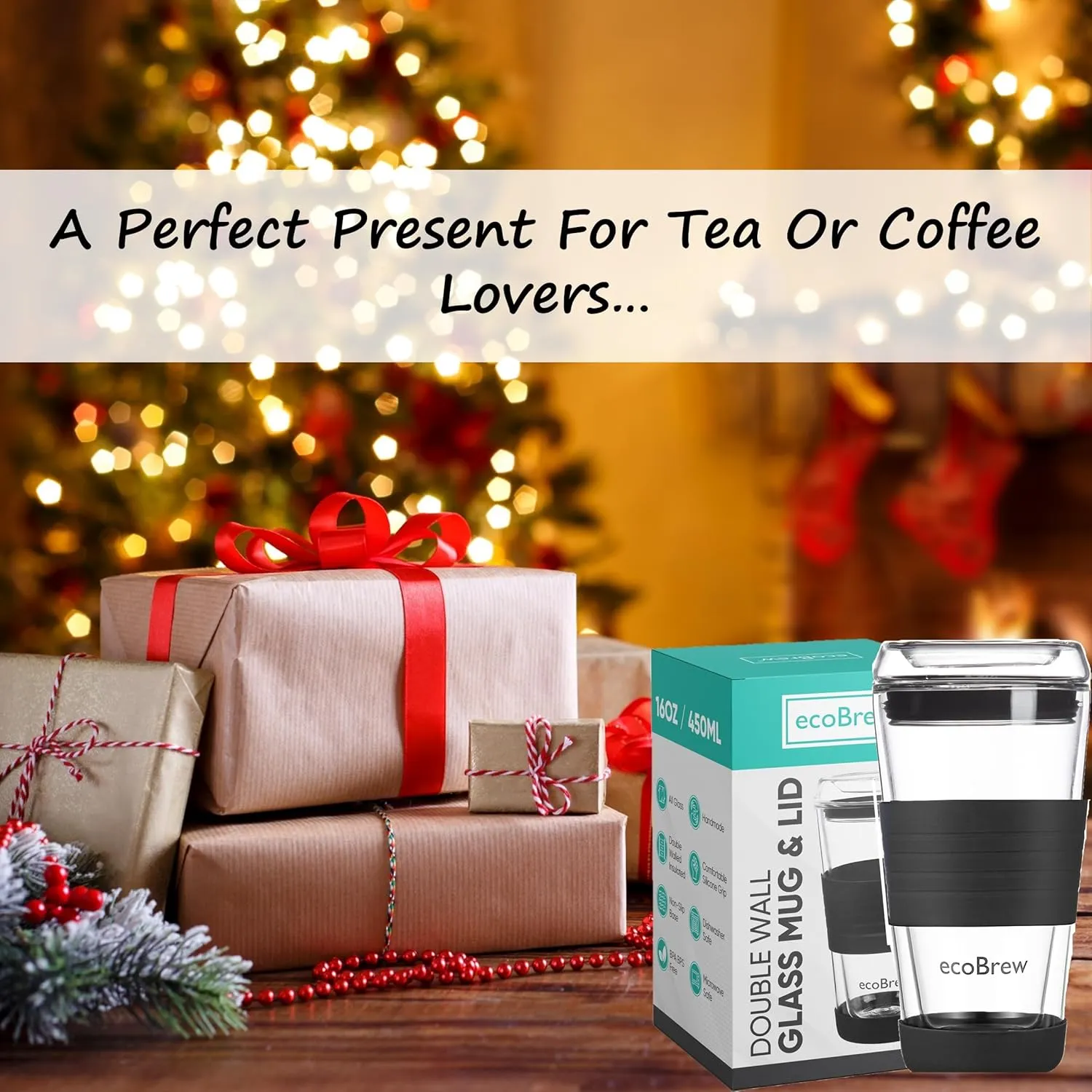 16oz Double Wall All Glass Tumbler with Lid, Glass Travel Mug, Dishwasher Safe & Microwavable Clear Coffee Tumbler To Go, Reusable Ceramic Cup with Lid, Black