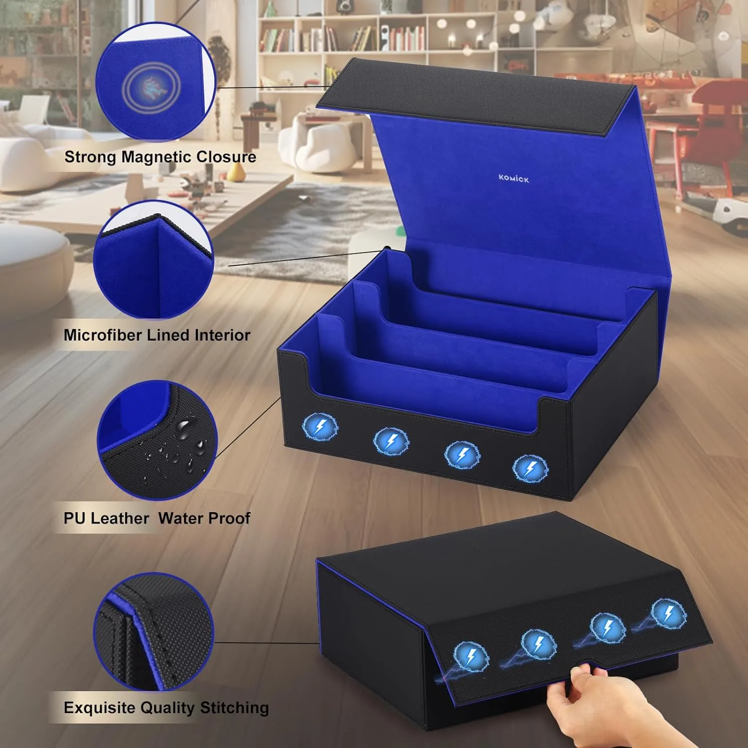 1800  Card Deck Case – PU Leather MTG Storage Box Microfiber Lined Yugioh Structure Deck, Trading Card Storage Box for Bloomburrow MTG, Baseball, Deck Box TCG (Black/Deep Blue)