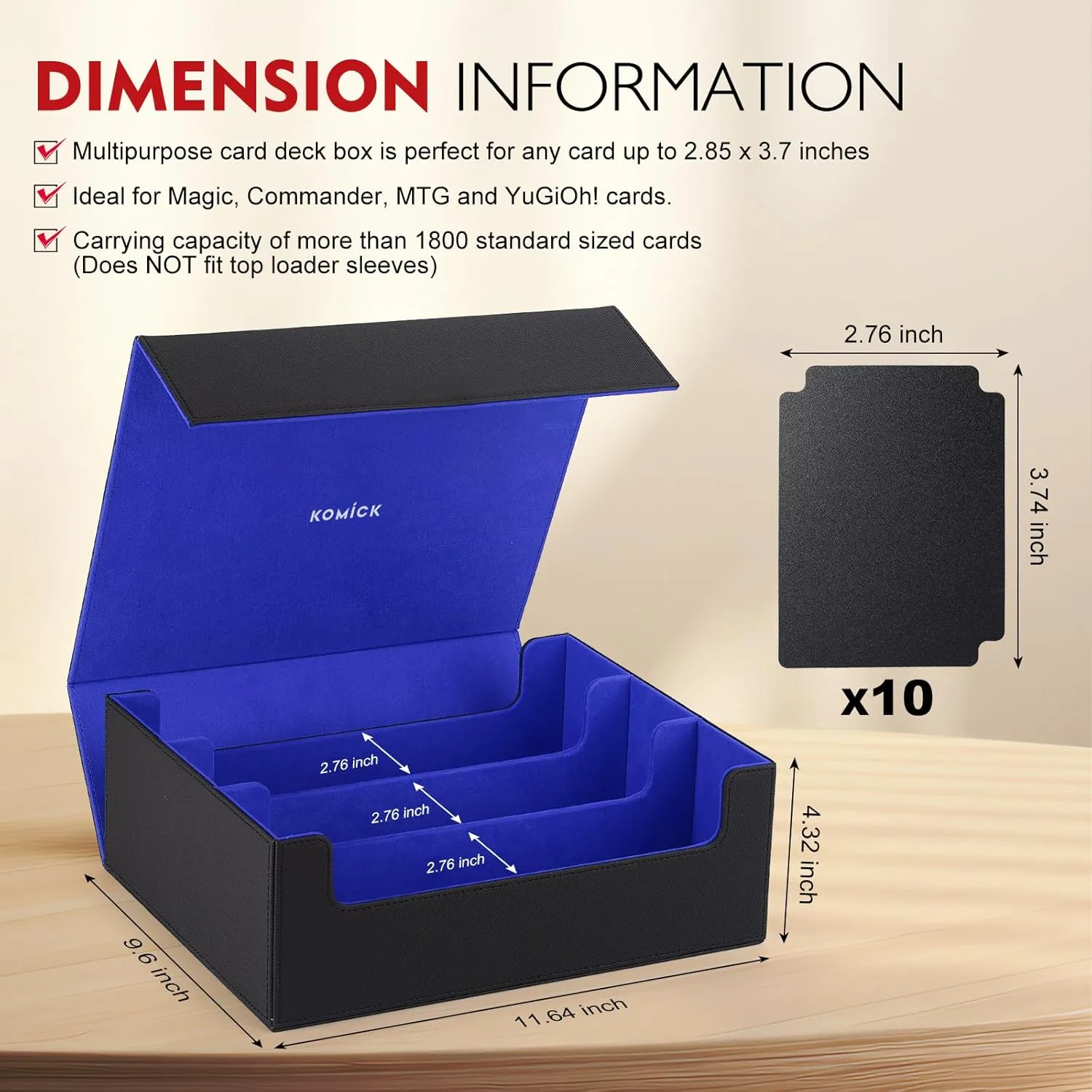 1800  Card Deck Case – PU Leather MTG Storage Box Microfiber Lined Yugioh Structure Deck, Trading Card Storage Box for Bloomburrow MTG, Baseball, Deck Box TCG (Black/Deep Blue)