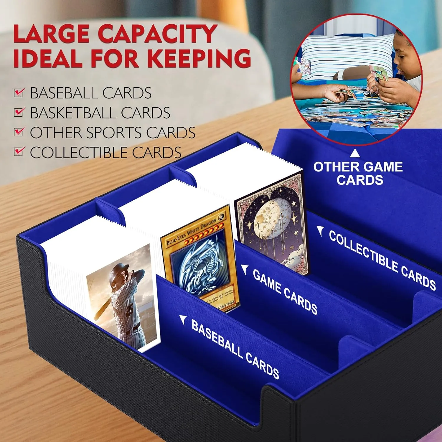 1800  Card Deck Case – PU Leather MTG Storage Box Microfiber Lined Yugioh Structure Deck, Trading Card Storage Box for Bloomburrow MTG, Baseball, Deck Box TCG (Black/Deep Blue)