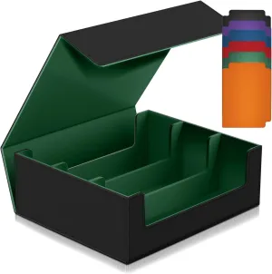 1800  Trading Card Storage Box, Magnetic Closure Toploaders Storage Box Hold 600  35PT 3"x4" Standard Toploaders, PU Leather Card Deck Boxes Fit for MTG,Sport Cards,Game Cards (Black&Dark Green)