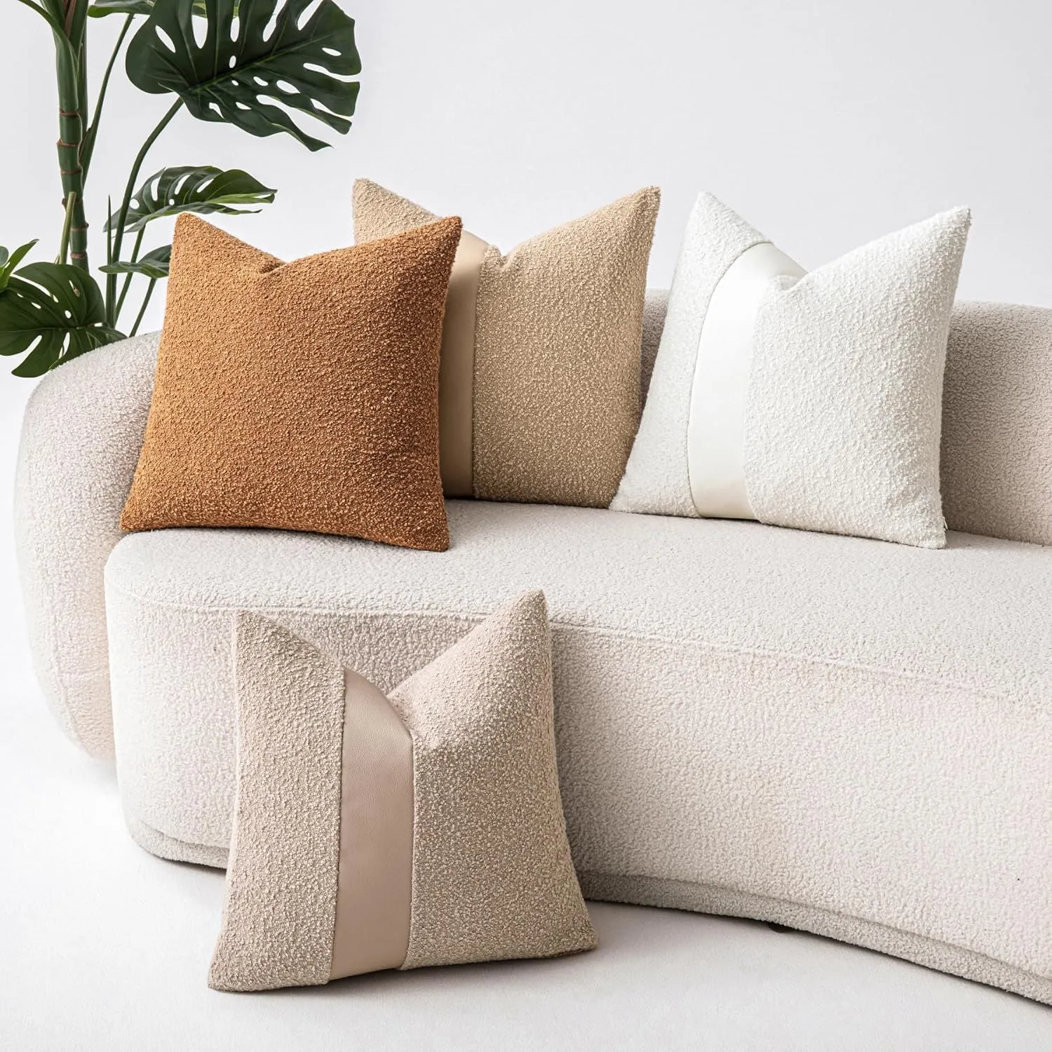 18"x18" Oatmeal Boucle Throw Pillow Covers with Faux Leather Accents Set of 2 Fluffy Textured Decorative Pillow Cases for Couch Bed Boho Farmhouse Square Cushion Covers for Nordic Home Décor