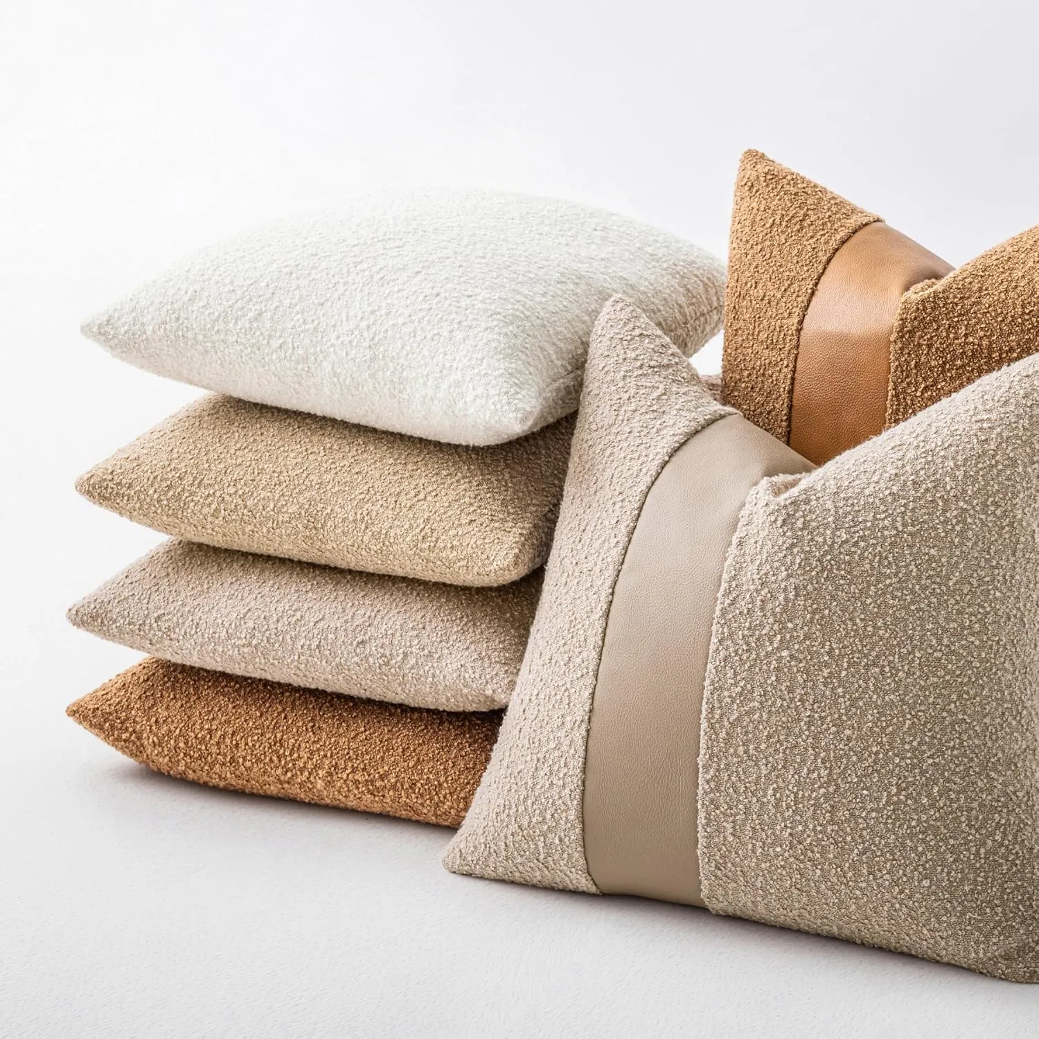 18"x18" Oatmeal Boucle Throw Pillow Covers with Faux Leather Accents Set of 2 Fluffy Textured Decorative Pillow Cases for Couch Bed Boho Farmhouse Square Cushion Covers for Nordic Home Décor