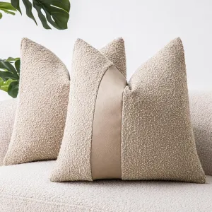18"x18" Oatmeal Boucle Throw Pillow Covers with Faux Leather Accents Set of 2 Fluffy Textured Decorative Pillow Cases for Couch Bed Boho Farmhouse Square Cushion Covers for Nordic Home Décor