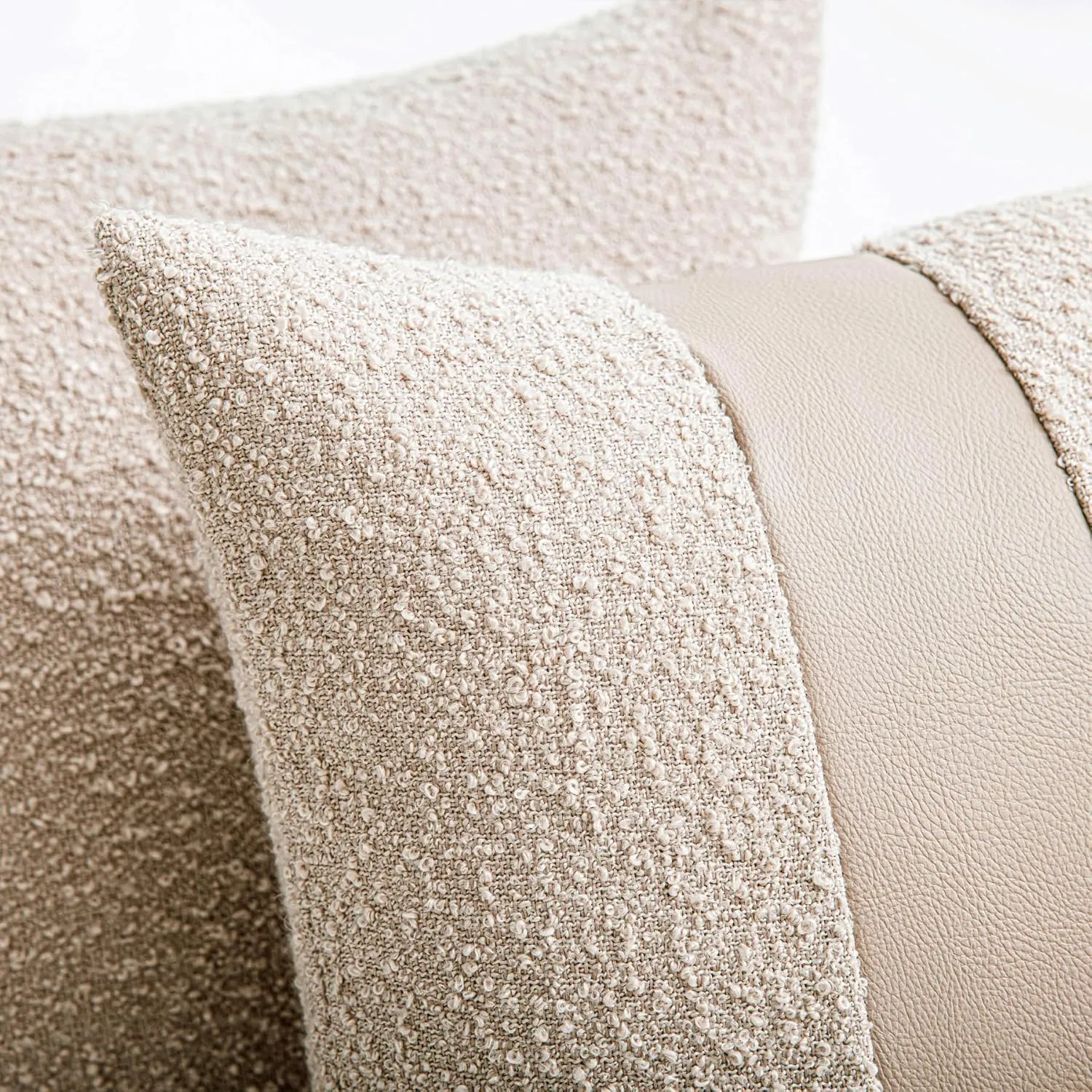 18"x18" Oatmeal Boucle Throw Pillow Covers with Faux Leather Accents Set of 2 Fluffy Textured Decorative Pillow Cases for Couch Bed Boho Farmhouse Square Cushion Covers for Nordic Home Décor