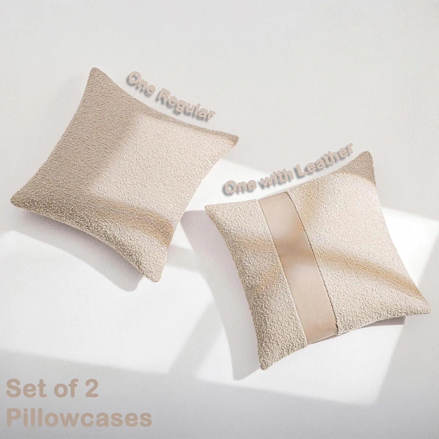18"x18" Oatmeal Boucle Throw Pillow Covers with Faux Leather Accents Set of 2 Fluffy Textured Decorative Pillow Cases for Couch Bed Boho Farmhouse Square Cushion Covers for Nordic Home Décor