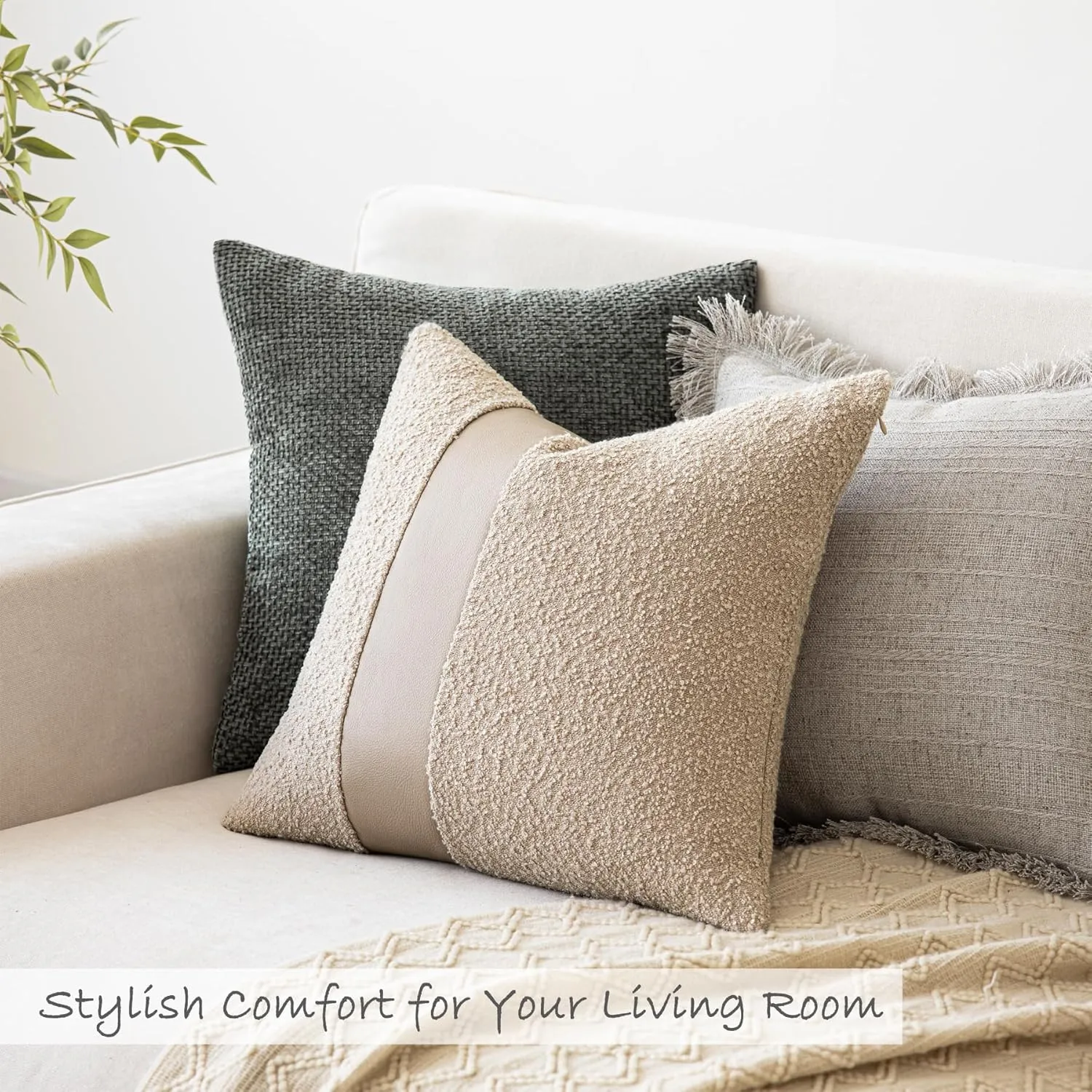 18"x18" Oatmeal Boucle Throw Pillow Covers with Faux Leather Accents Set of 2 Fluffy Textured Decorative Pillow Cases for Couch Bed Boho Farmhouse Square Cushion Covers for Nordic Home Décor