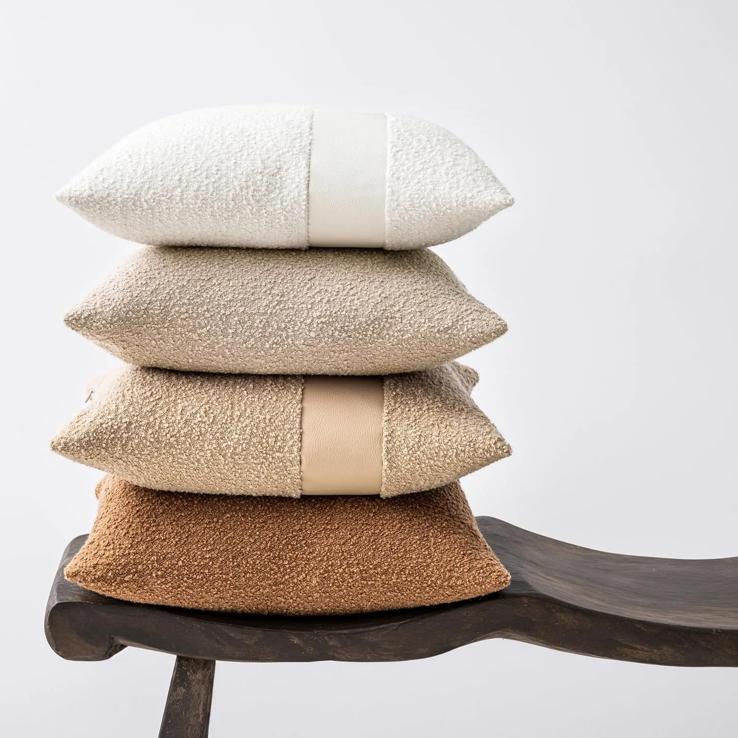18"x18" Oatmeal Boucle Throw Pillow Covers with Faux Leather Accents Set of 2 Fluffy Textured Decorative Pillow Cases for Couch Bed Boho Farmhouse Square Cushion Covers for Nordic Home Décor