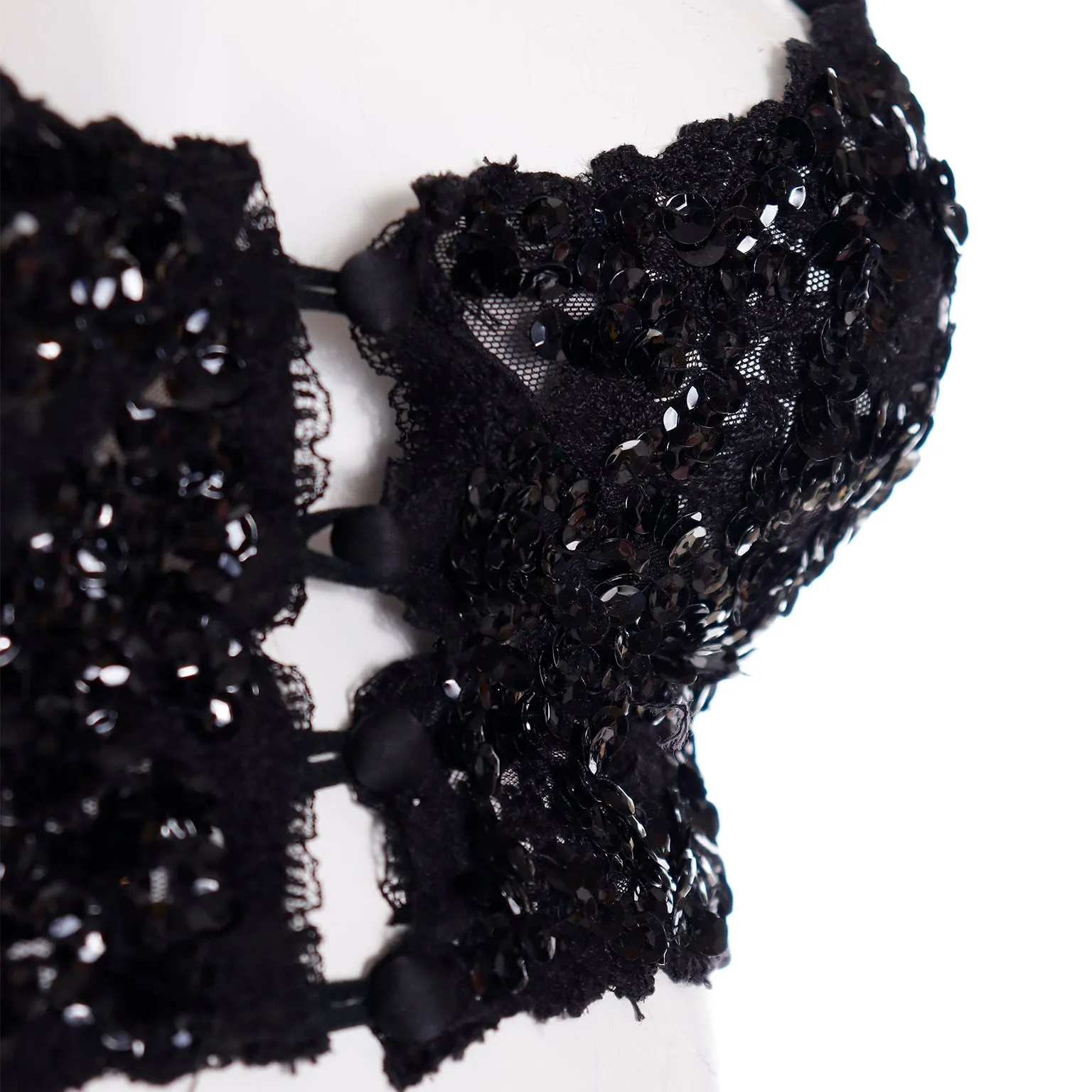 1990s Rick Beach Patti Cappalli Cher Black Lace Sequin Bustier