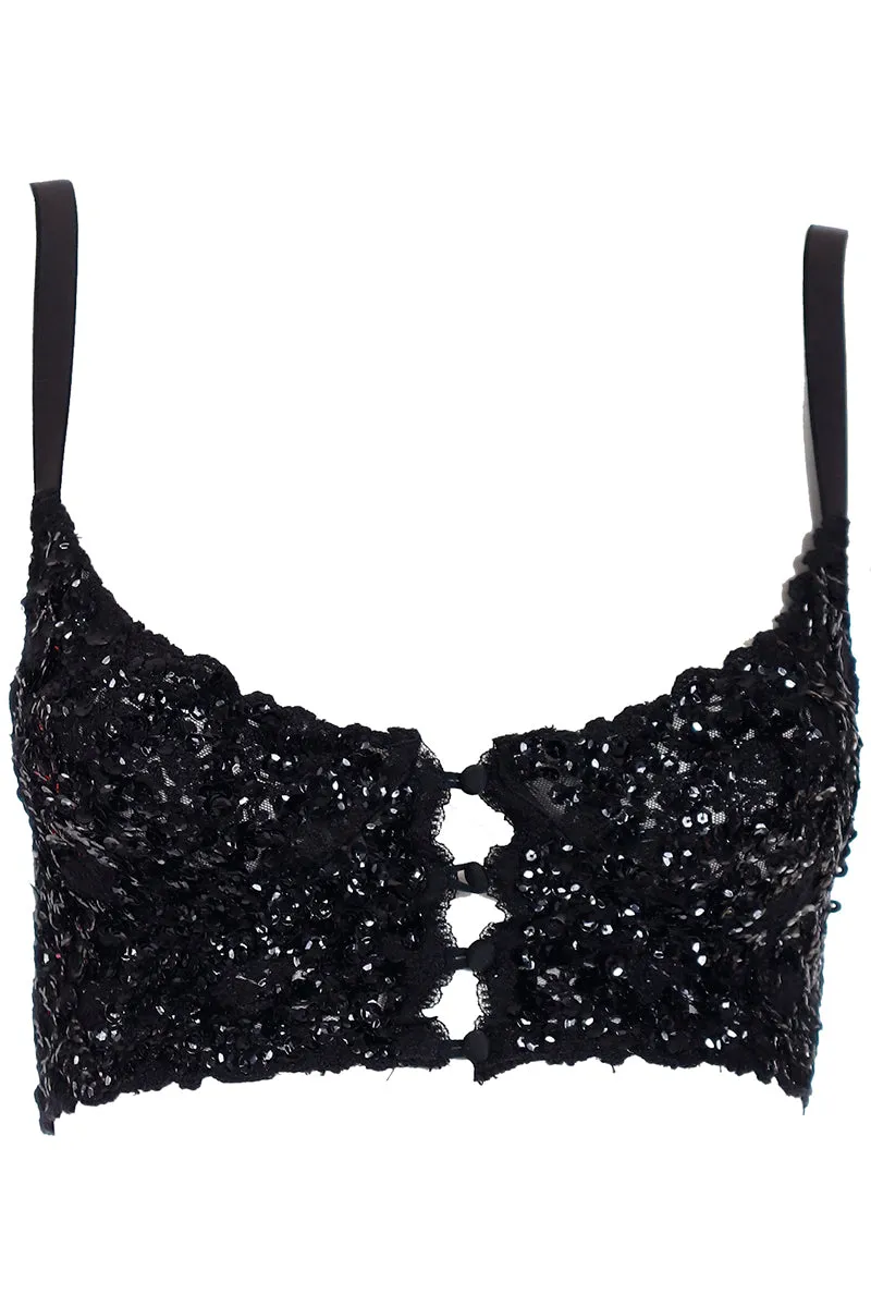 1990s Rick Beach Patti Cappalli Cher Black Lace Sequin Bustier