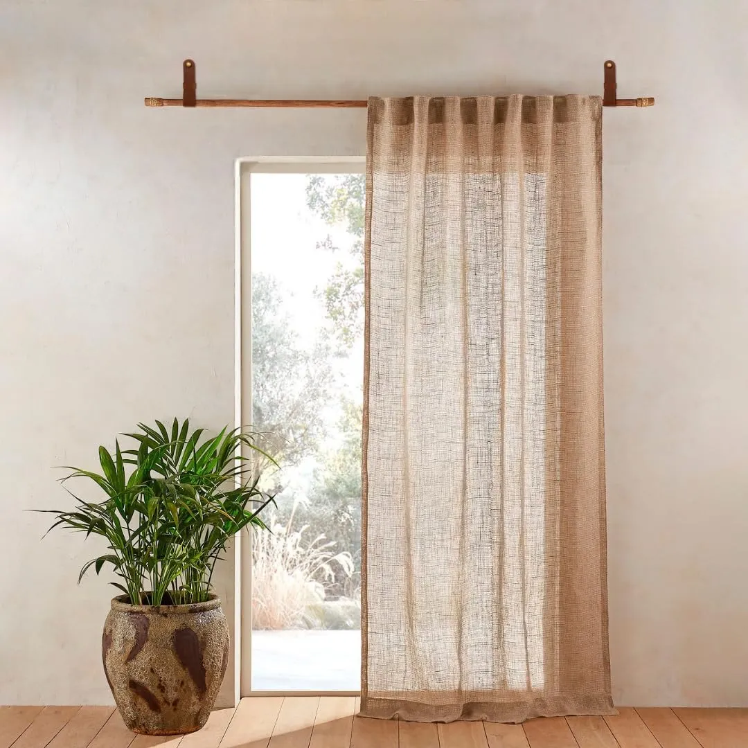 2 Pc Minimalist Design Leather Curtain Rod Bracket - Easy to Install Set of Universal Wall Hanging Strap Curtain Rod Holders with Screws and Plastic Wall Plugs - 4.8" x 1.2" (Cognac)