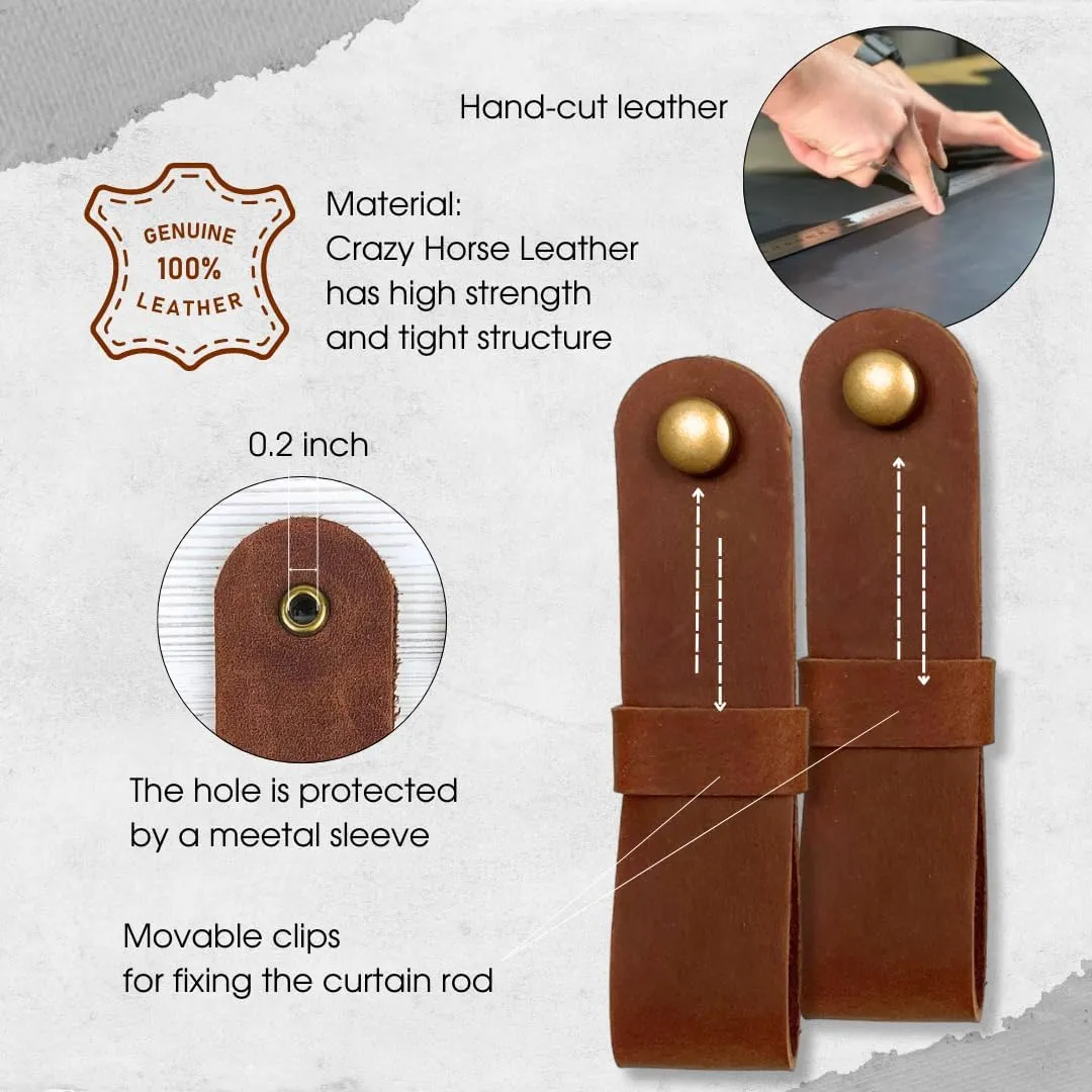 2 Pc Minimalist Design Leather Curtain Rod Bracket - Easy to Install Set of Universal Wall Hanging Strap Curtain Rod Holders with Screws and Plastic Wall Plugs - 4.8" x 1.2" (Cognac)
