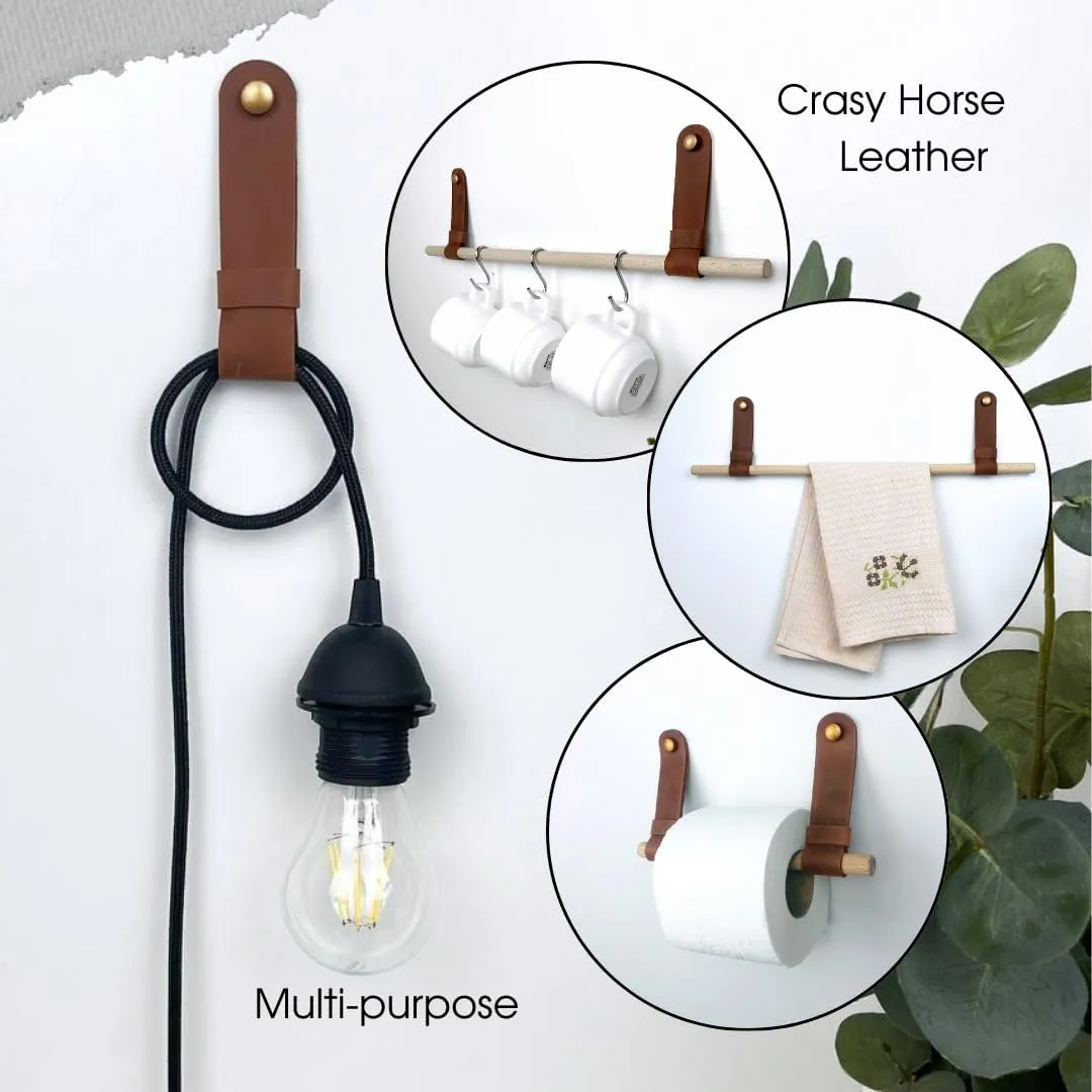 2 Pc Minimalist Design Leather Curtain Rod Bracket - Easy to Install Set of Universal Wall Hanging Strap Curtain Rod Holders with Screws and Plastic Wall Plugs - 4.8" x 1.2" (Cognac)