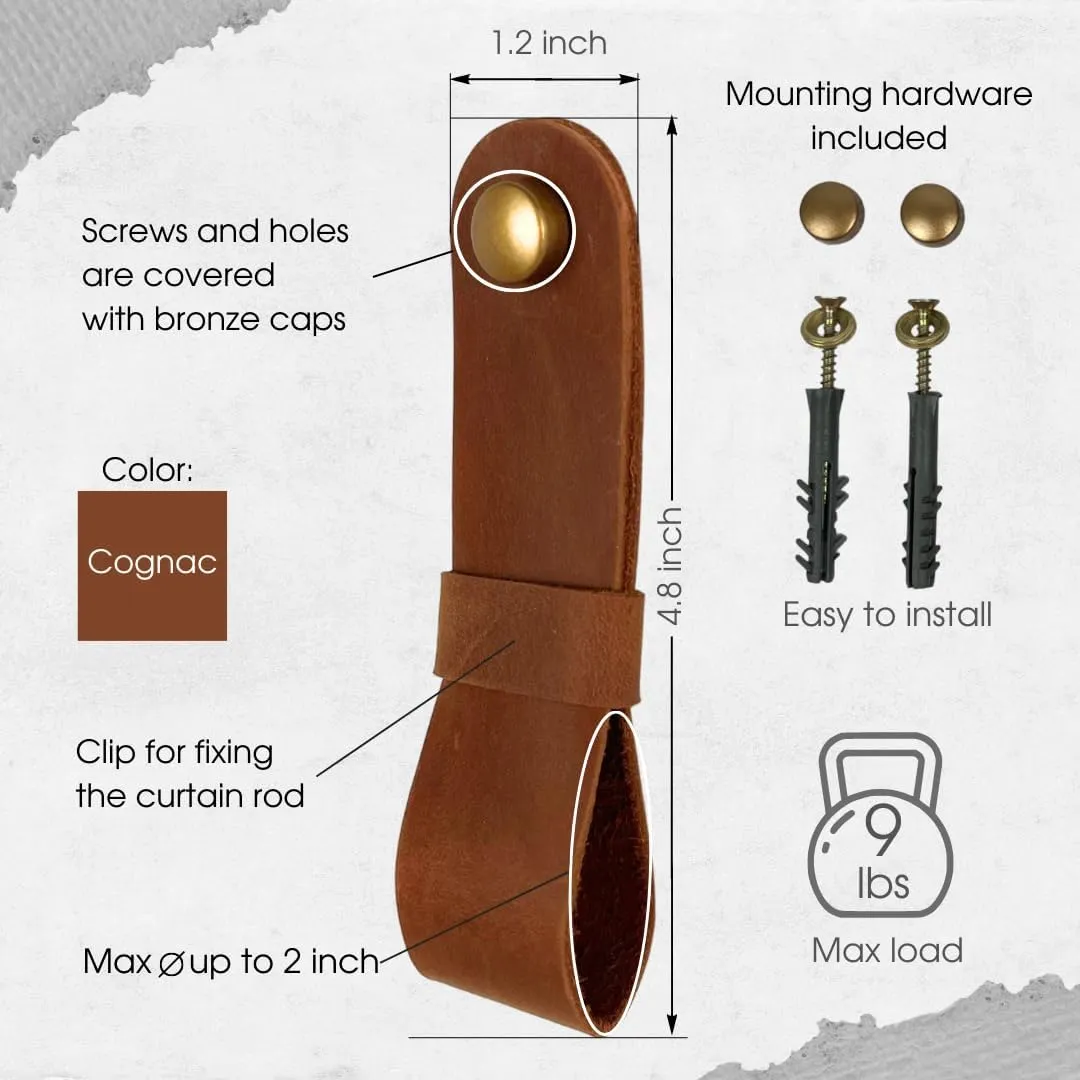 2 Pc Minimalist Design Leather Curtain Rod Bracket - Easy to Install Set of Universal Wall Hanging Strap Curtain Rod Holders with Screws and Plastic Wall Plugs - 4.8" x 1.2" (Cognac)